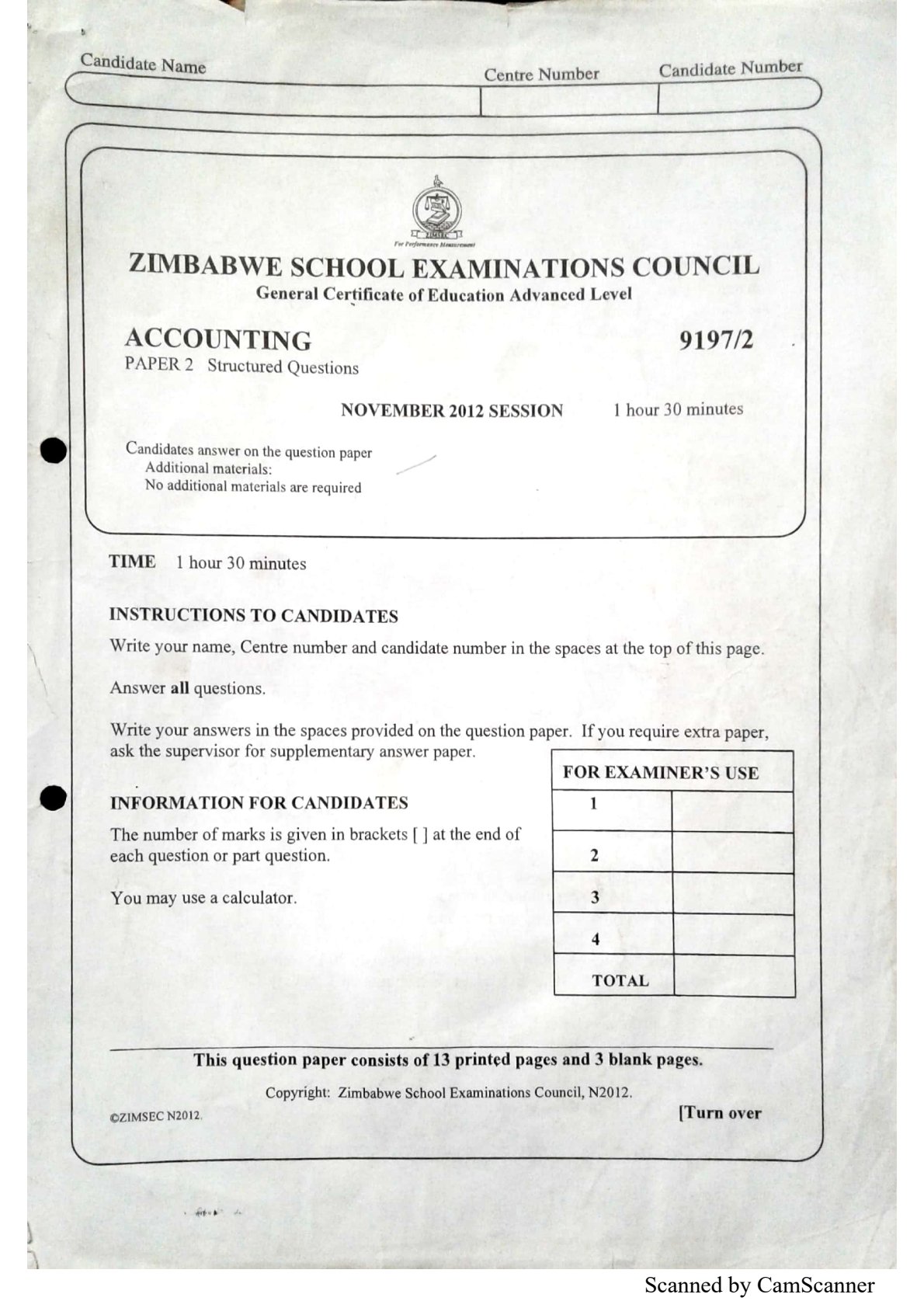 First page of ZIMSEC A-Level Accounting Paper 2 November 2012 Question Paper
