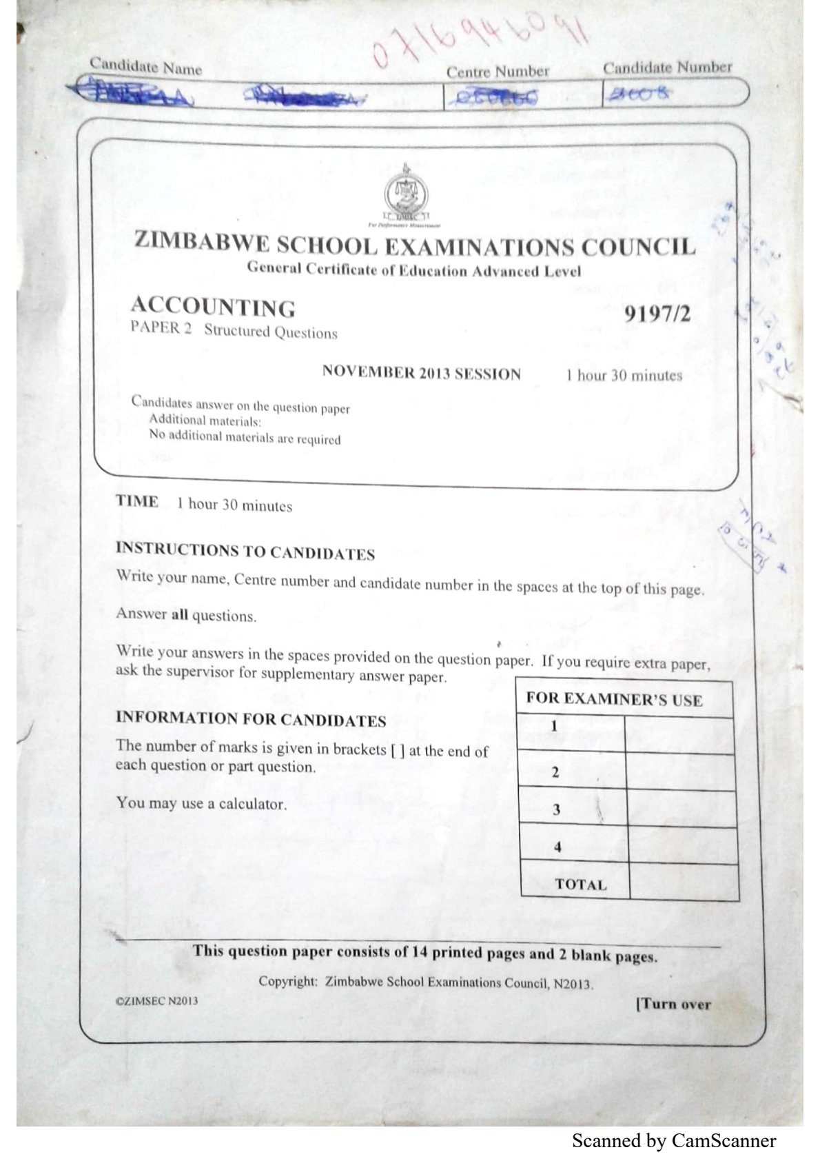 First page of ZIMSEC A-Level Accounting Paper 2 November 2013 Question Paper