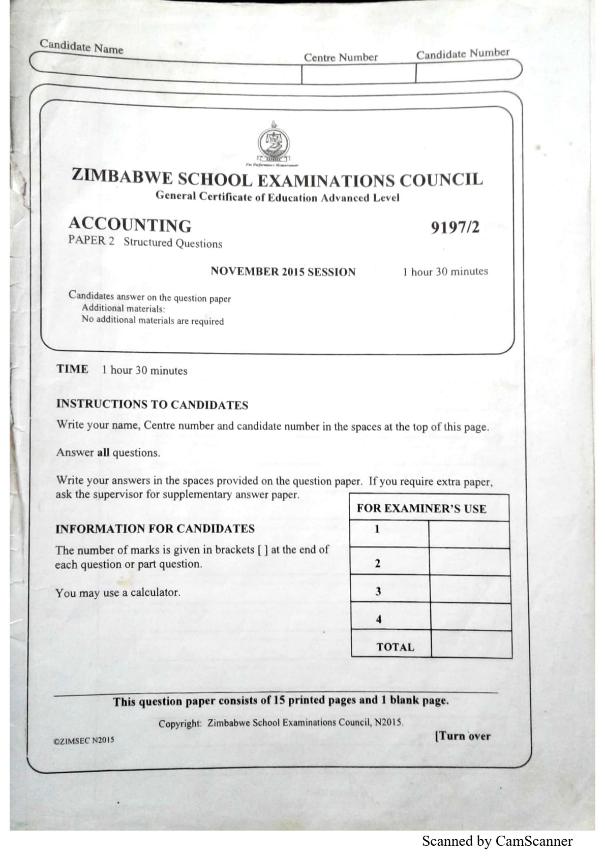 First page of ZIMSEC A-Level Accounting Paper 2 November 2015 Question Paper