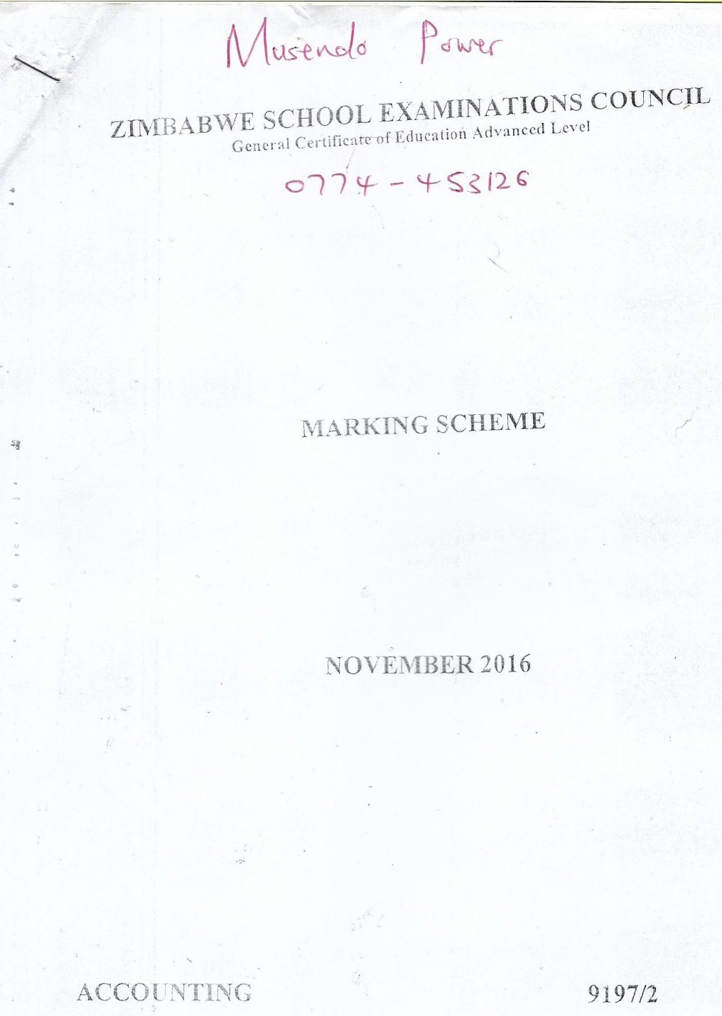 First page of ZIMSEC A-Level Accounting Paper 2 November 2016 Marking Scheme