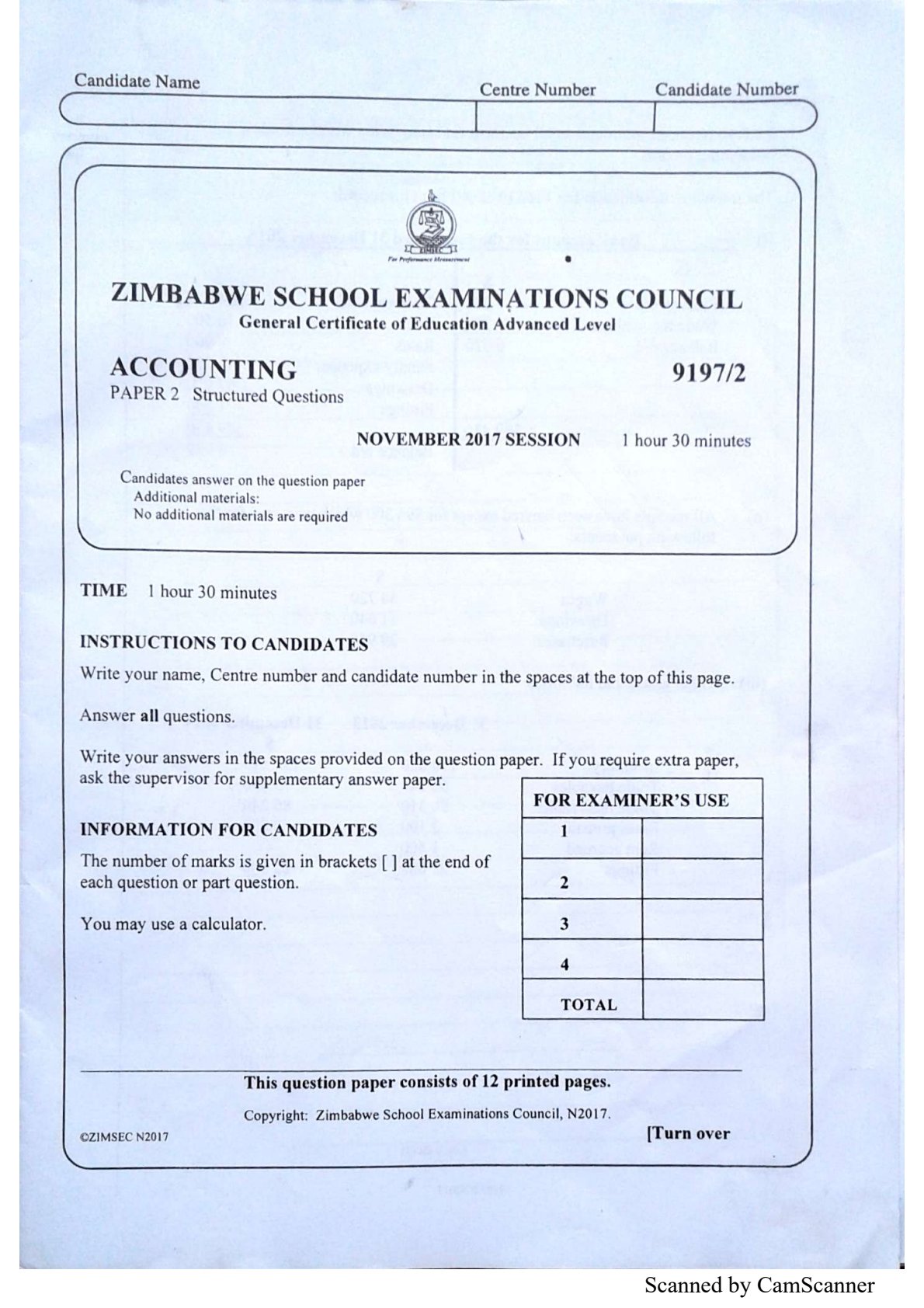 First page of ZIMSEC A-Level Accounting Paper 2 November 2017 Question Paper