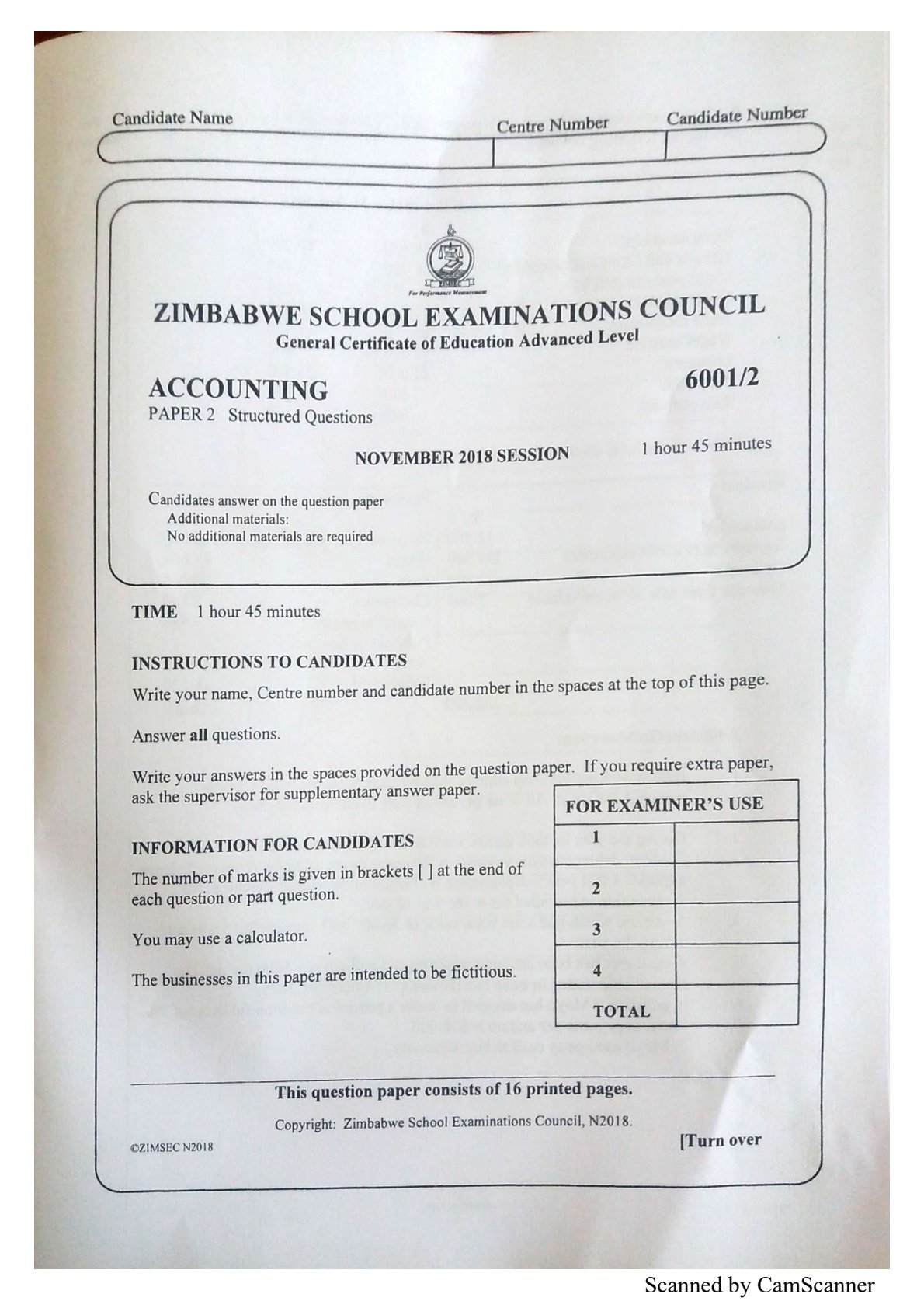 First page of ZIMSEC A-Level Accounting Paper 2 November 2018 Question Paper