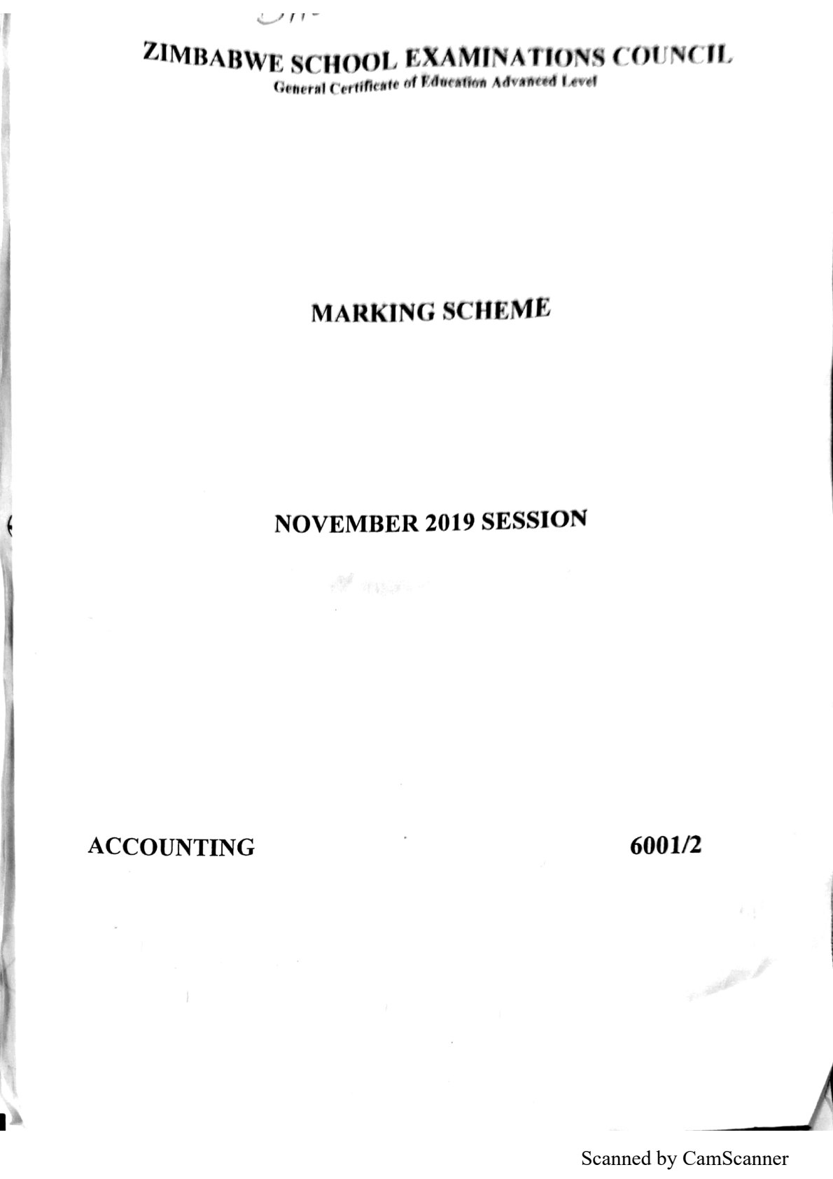 First page of ZIMSEC A-Level Accounting Paper 2 November 2019 Marking Scheme