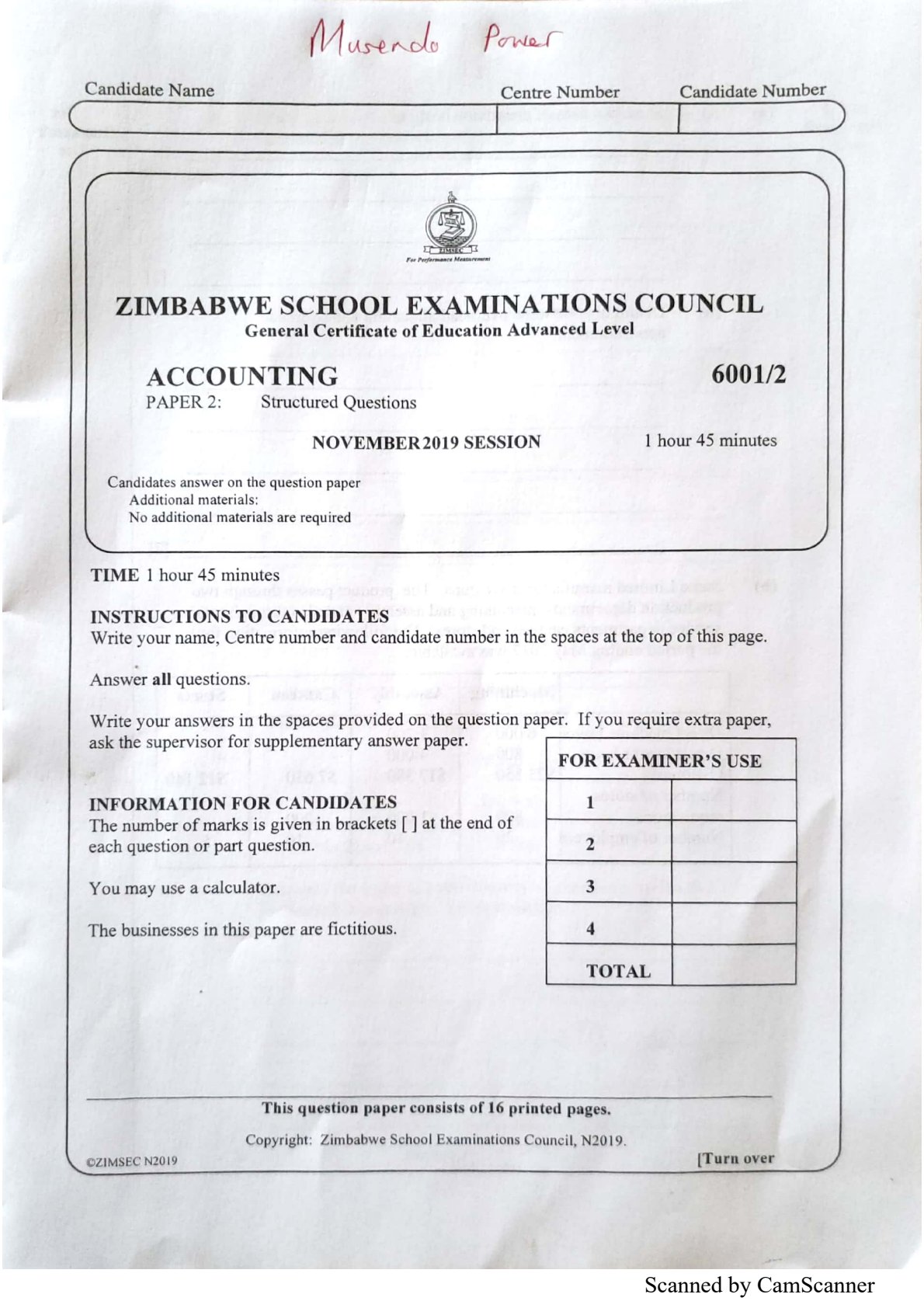 First page of ZIMSEC A-Level Accounting Paper 2 November 2019 Question Paper