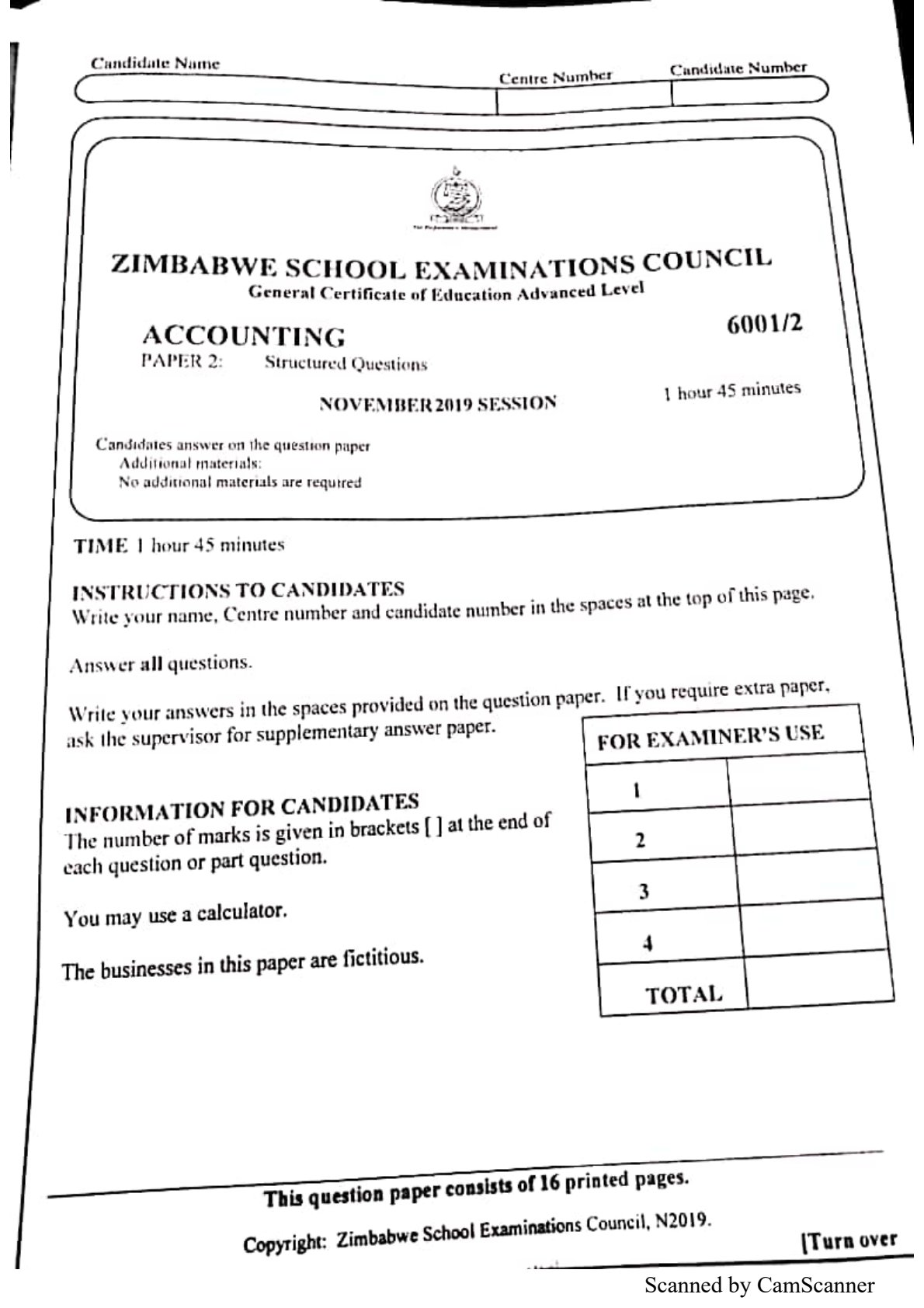 First page of ZIMSEC A-Level Accounting Paper 2 November 2019 Question Paper