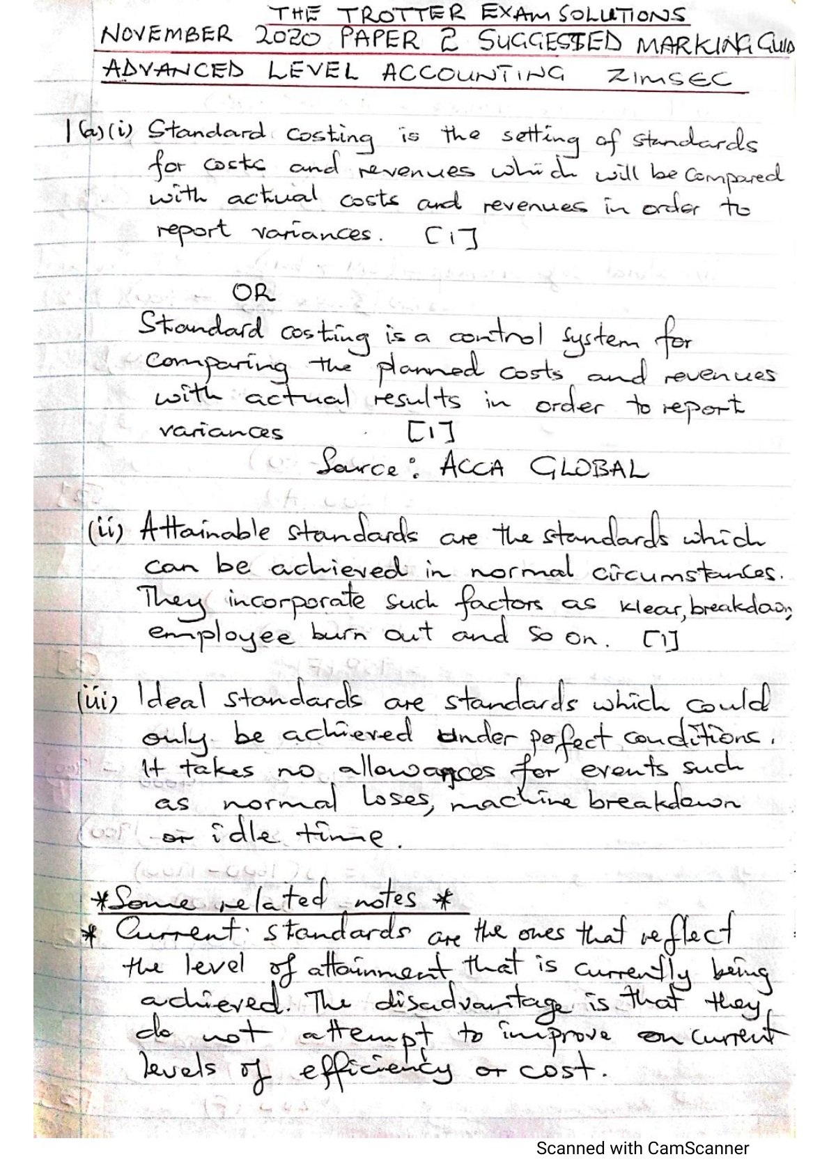 First page of ZIMSEC A-Level Accounting Paper 2 November 2020 Marking Scheme