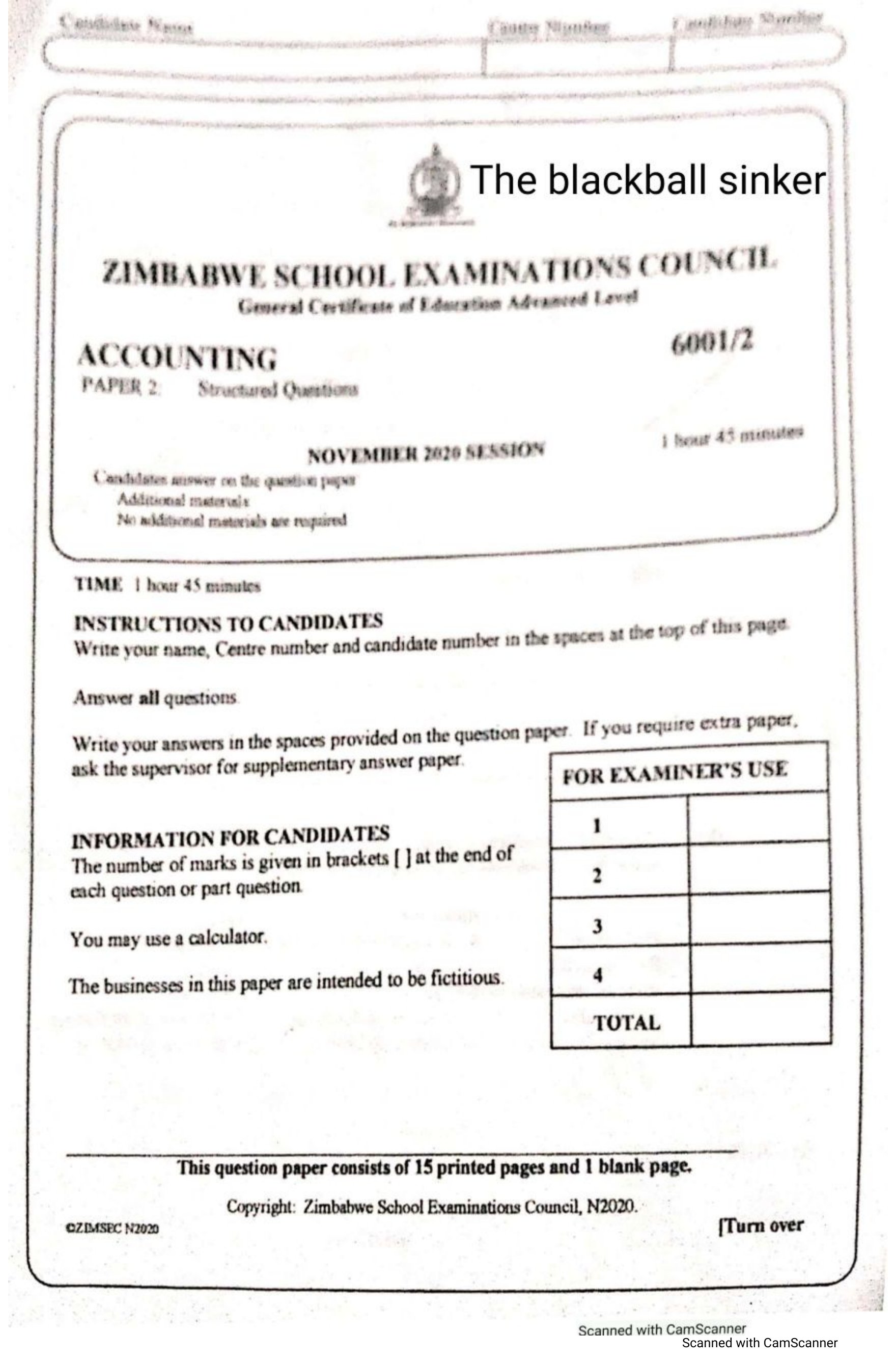 First page of ZIMSEC A-Level Accounting Paper 2 November 2020 Question Paper