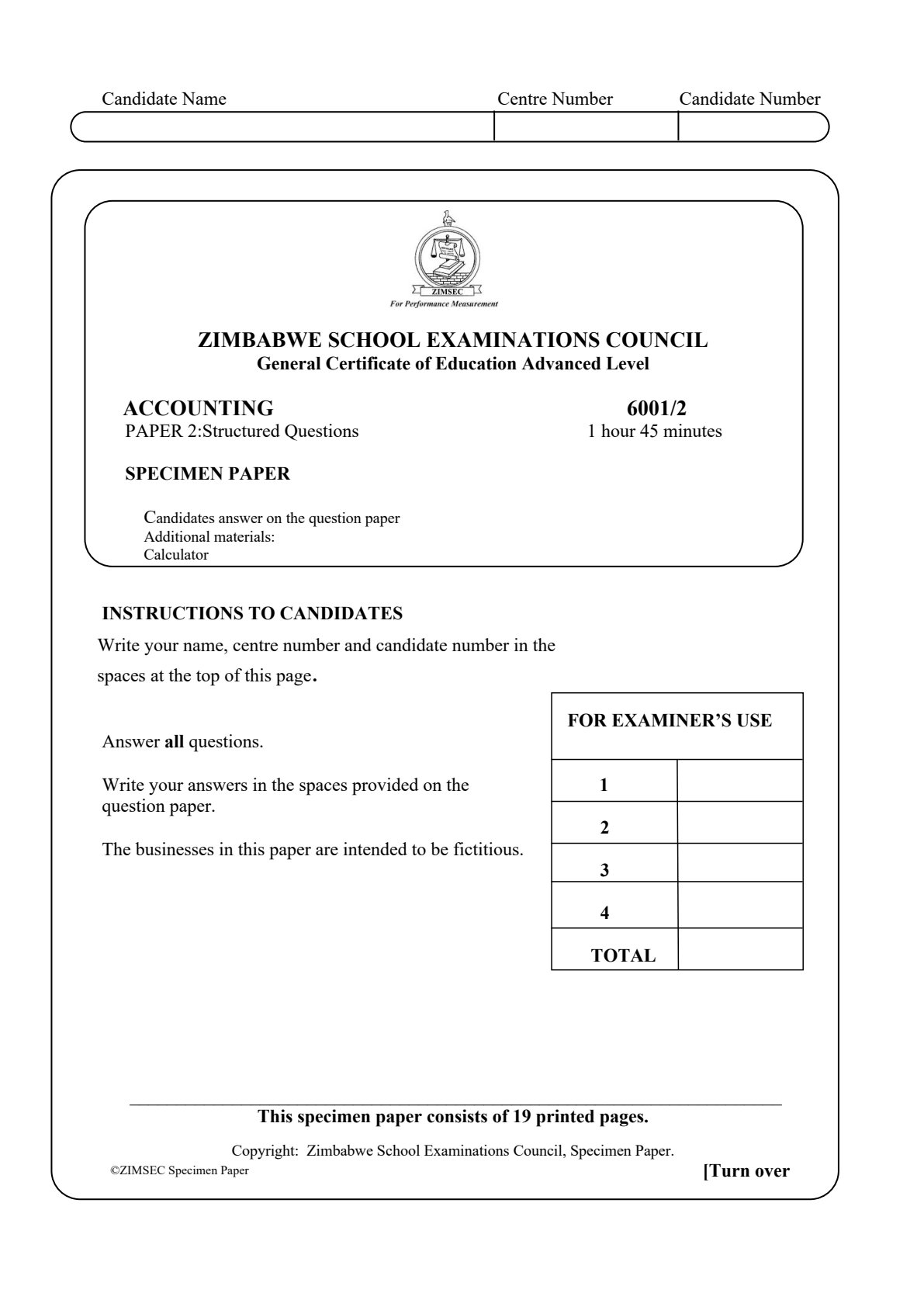 First page of ZIMSEC A-Level Accounting Paper 2 Question Paper