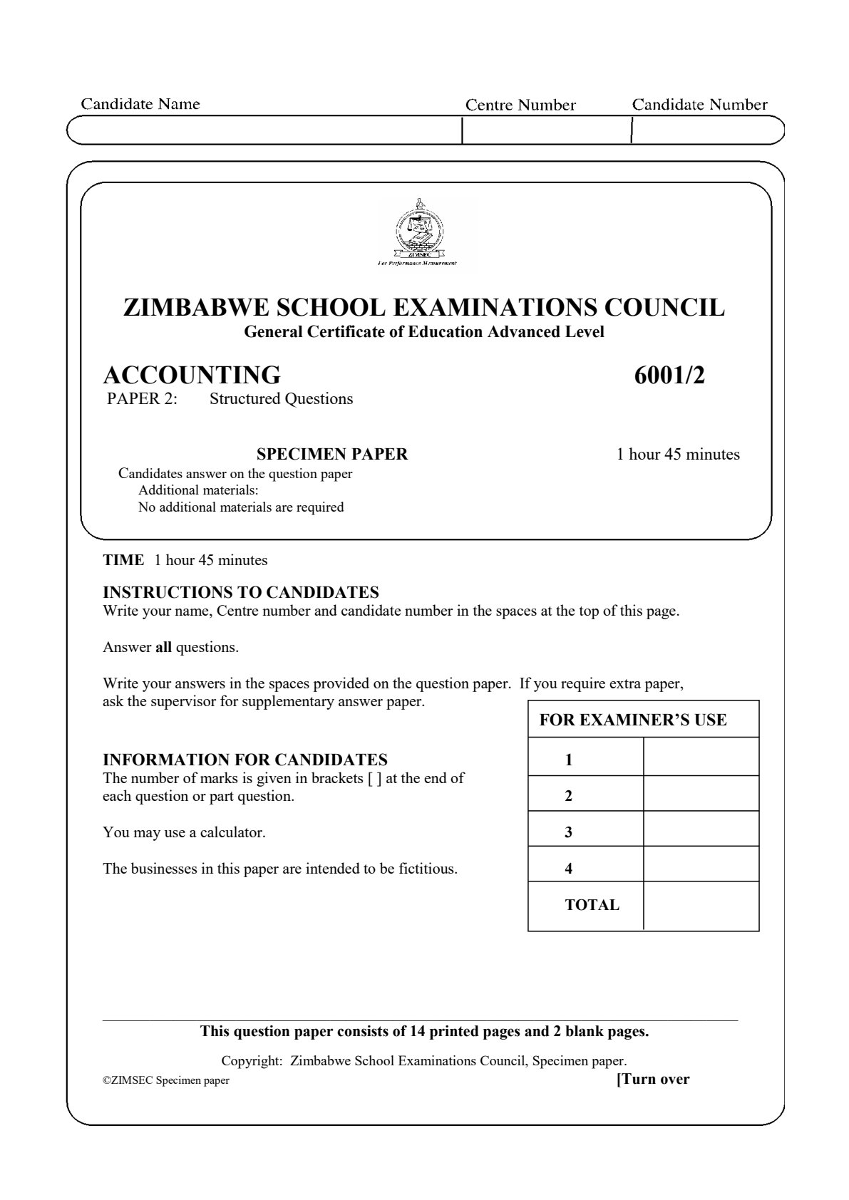 First page of ZIMSEC A-Level Accounting Paper 2 Specimen Question Paper