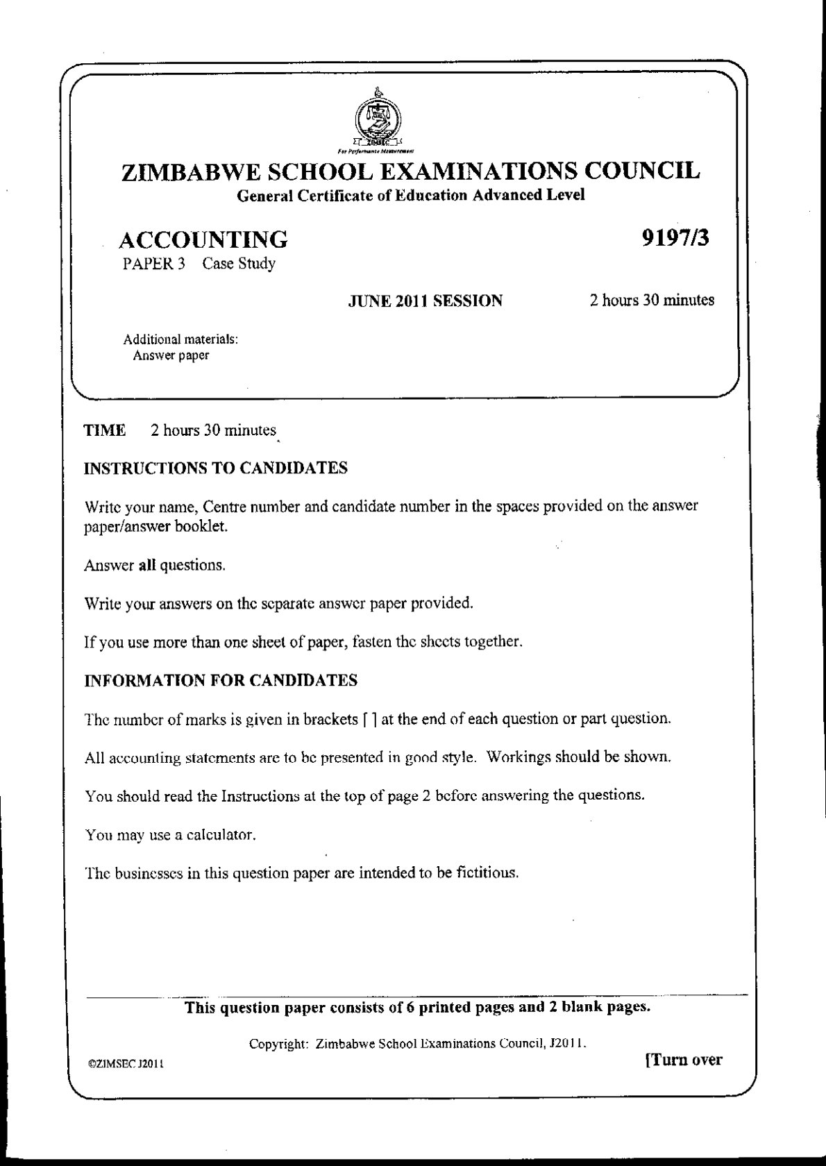 First page of ZIMSEC A-Level Accounting Paper 3 Case Study June 2011 Question Paper