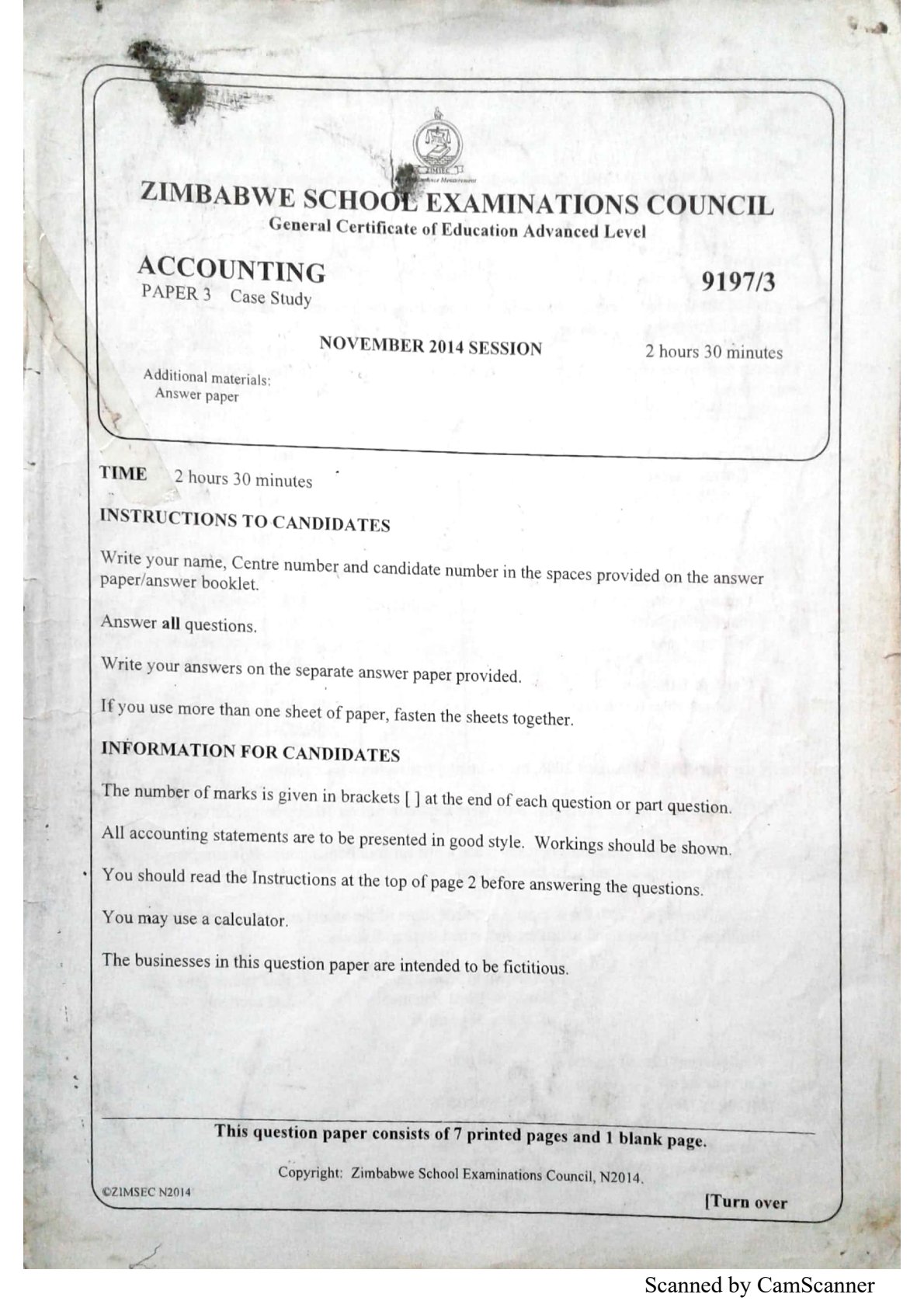 First page of ZIMSEC A-Level Accounting Paper 3 Case Study November 2014 Question Paper
