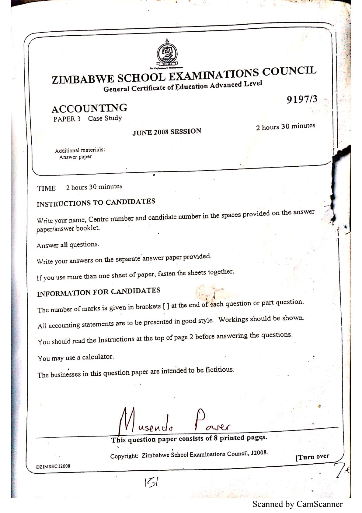 First page of ZIMSEC A-Level Accounting Paper 3 June 2008 Question Paper
