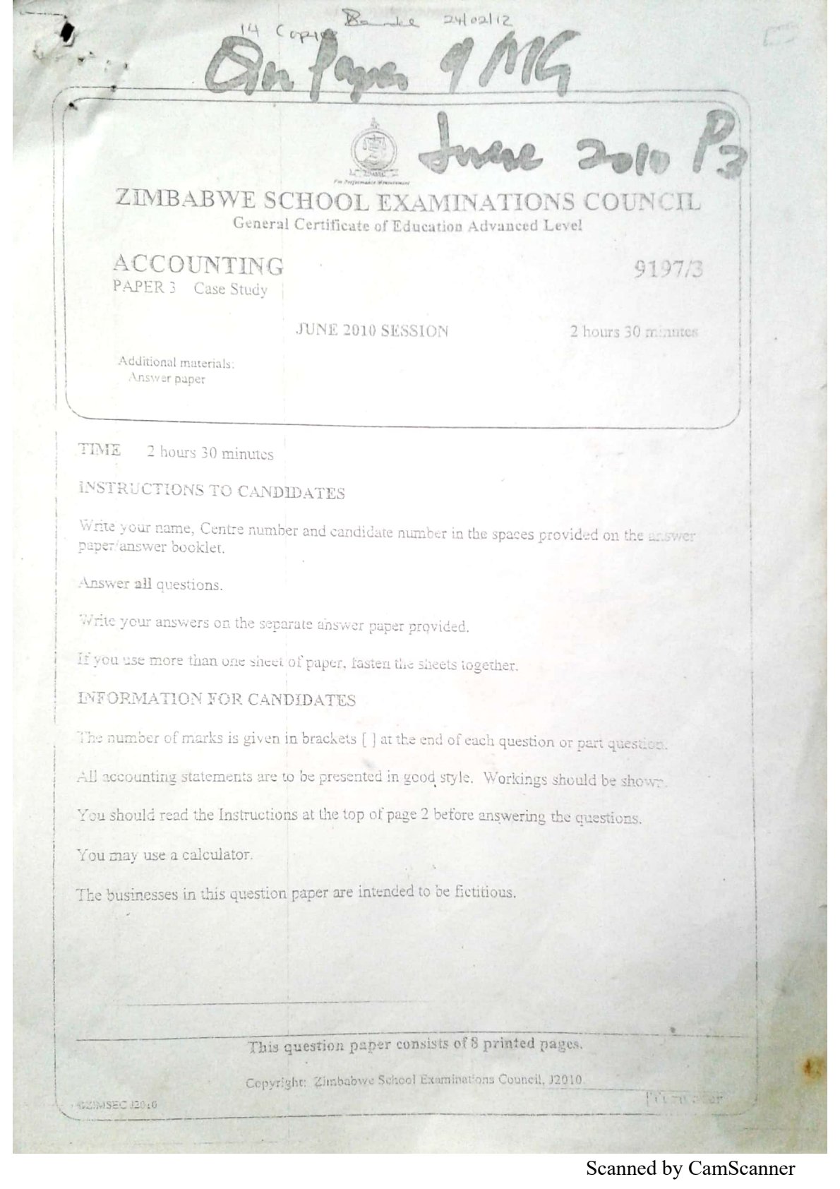 First page of ZIMSEC A-Level Accounting Paper 3 June 2010 Question Paper