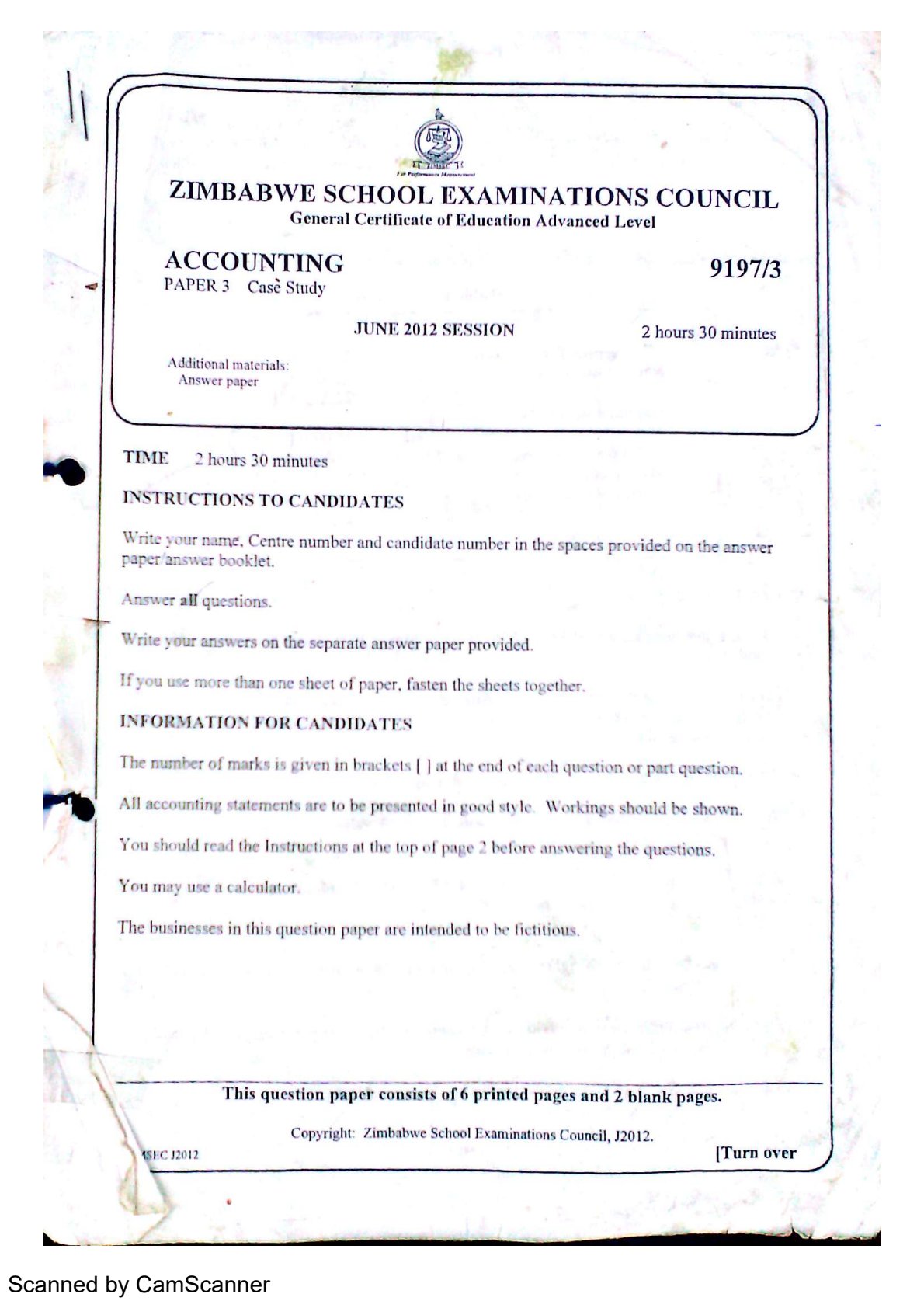 First page of ZIMSEC A-Level Accounting Paper 3 June 2012 Question Paper