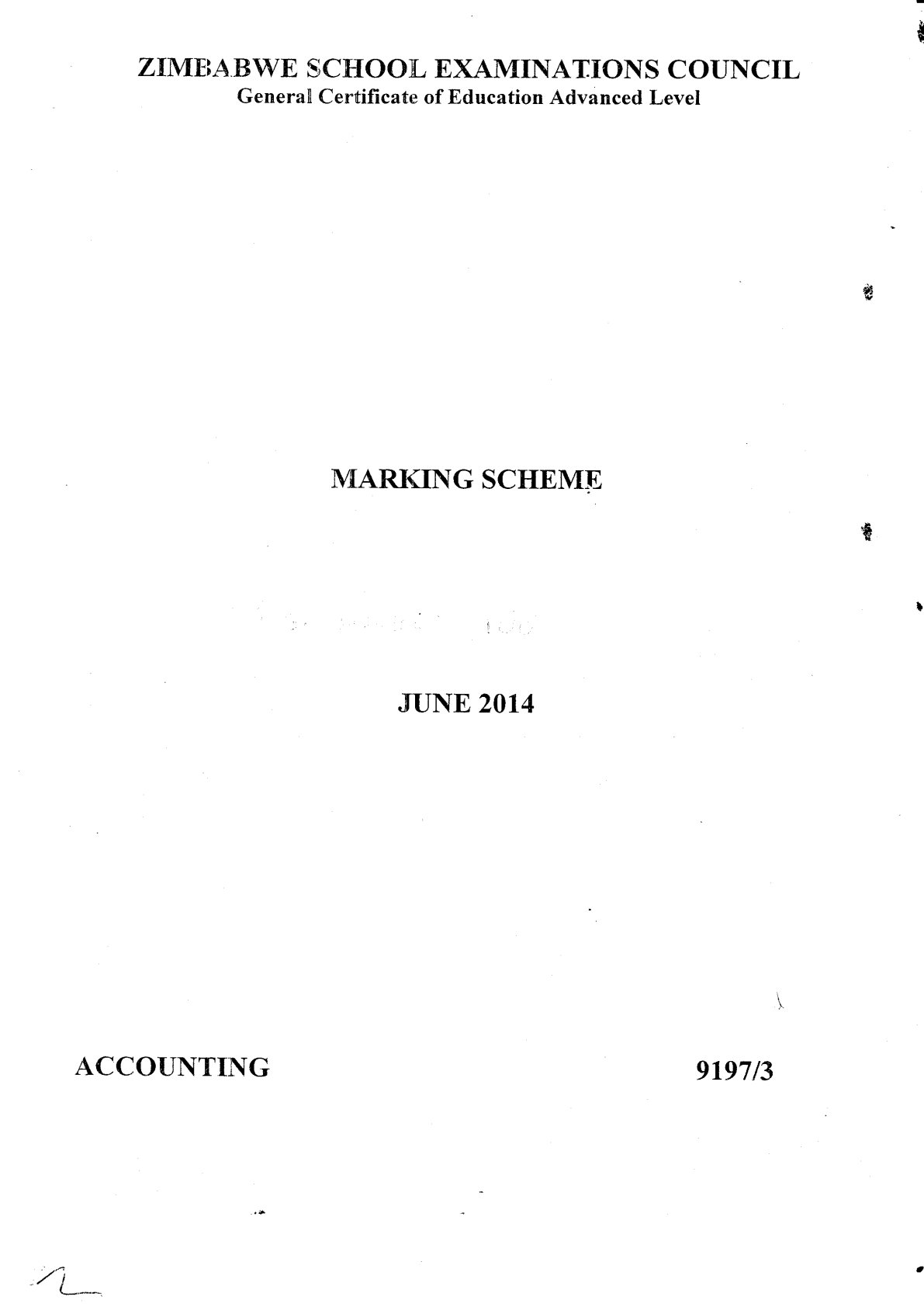 First page of ZIMSEC A-Level Accounting Paper 3 June 2014 Marking Scheme