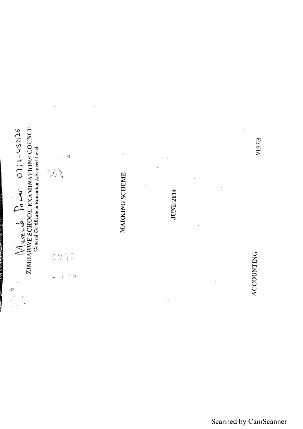 First page of ZIMSEC A-Level Accounting Paper 3 June 2014 Marking Scheme