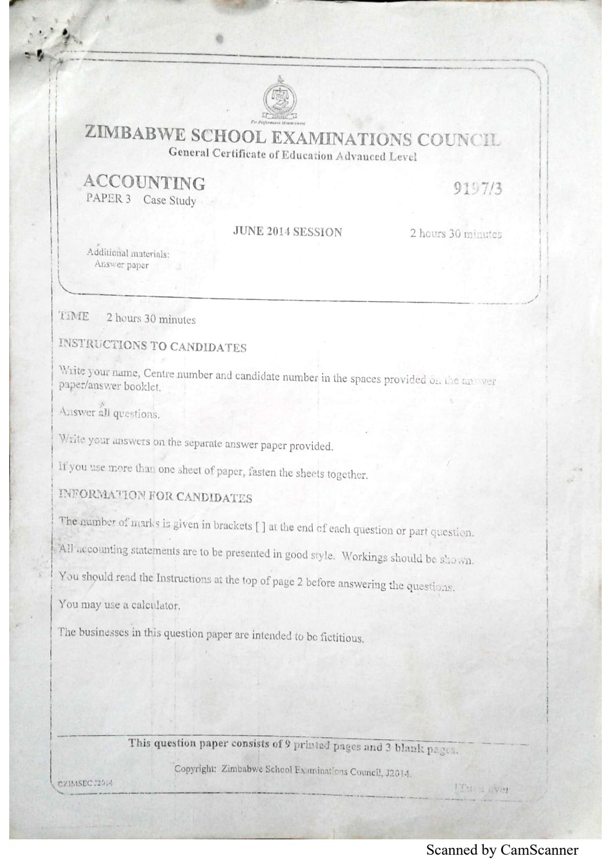 First page of ZIMSEC A-Level Accounting Paper 3 June 2014 Question Paper