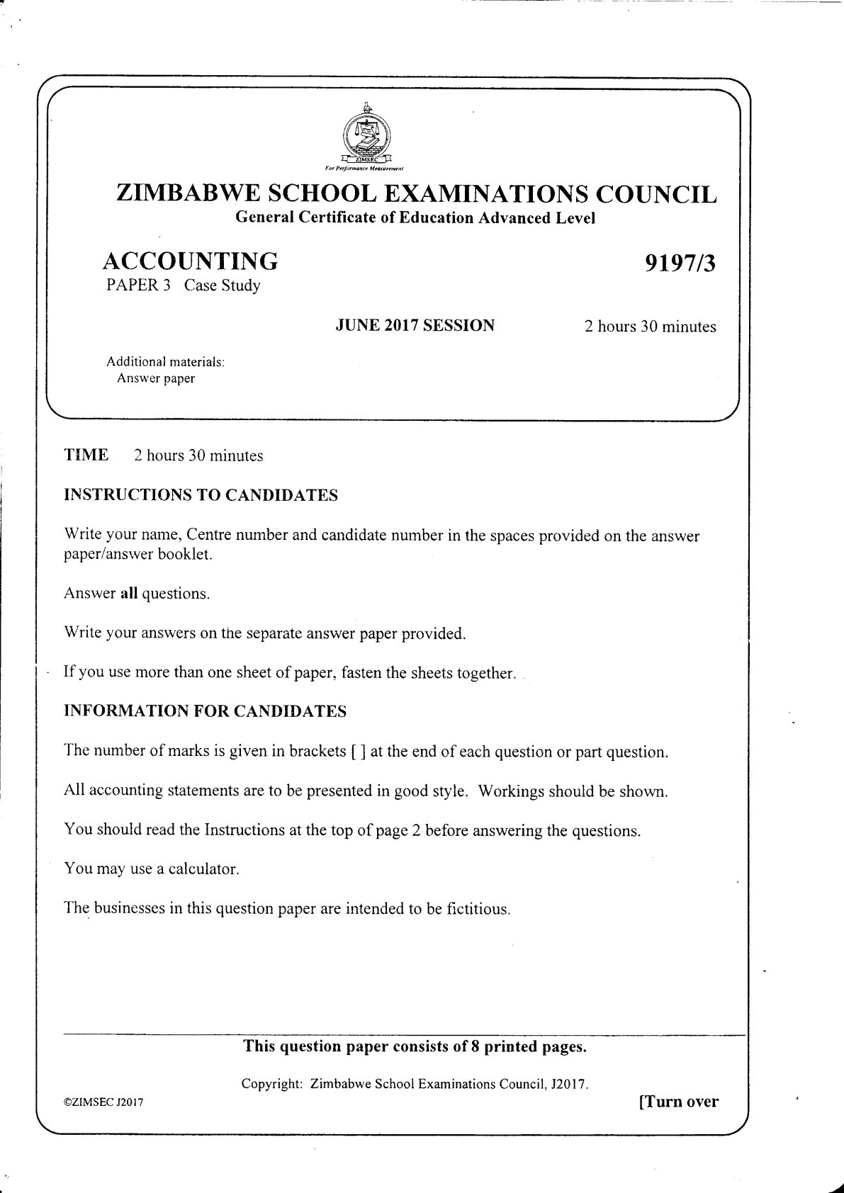 First page of ZIMSEC A-Level Accounting Paper 3 June 2017 Question Paper