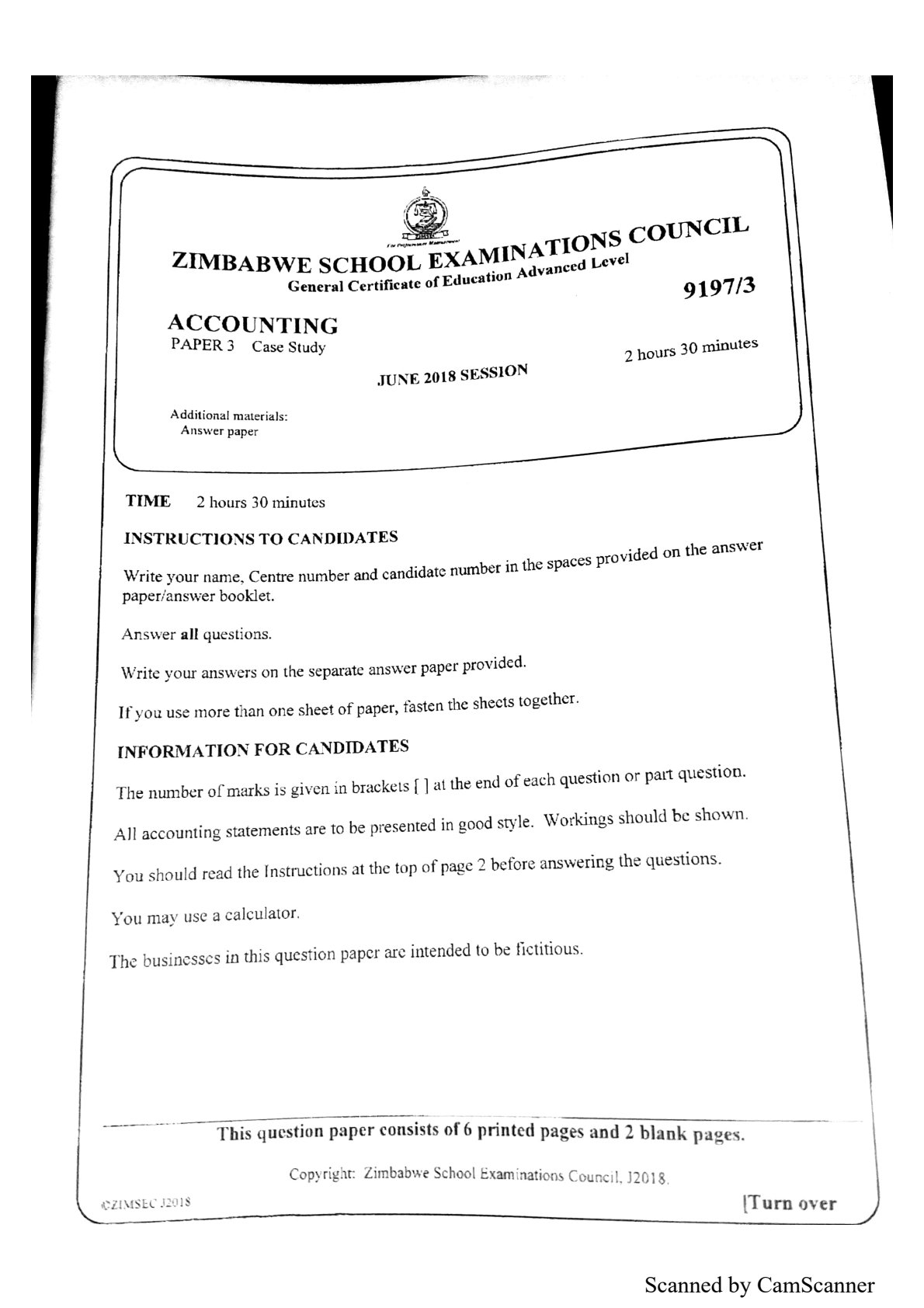 First page of ZIMSEC A-Level Accounting Paper 3 June 2018 Question Paper