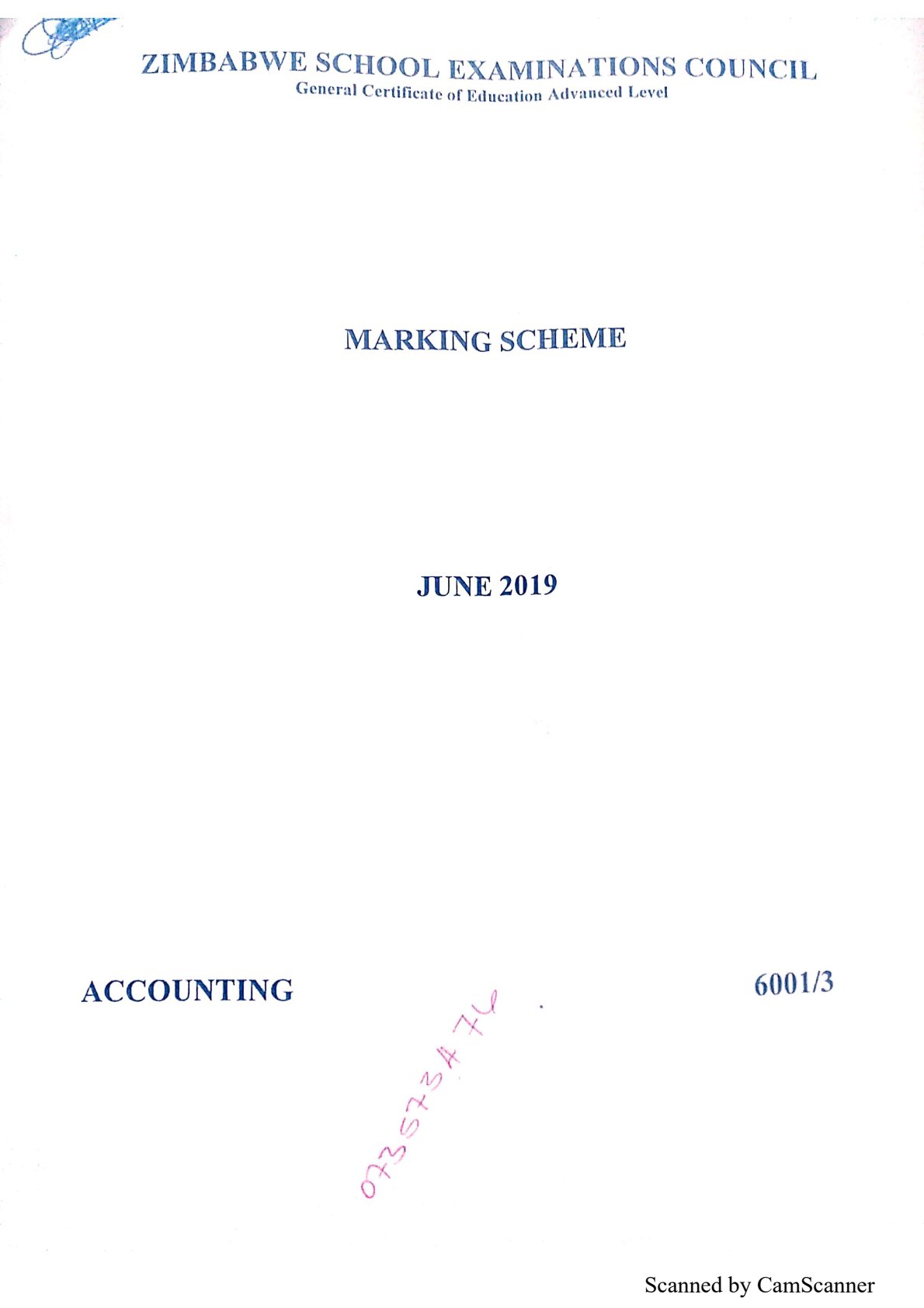 First page of ZIMSEC A-Level Accounting Paper 3 June 2019 Marking Scheme