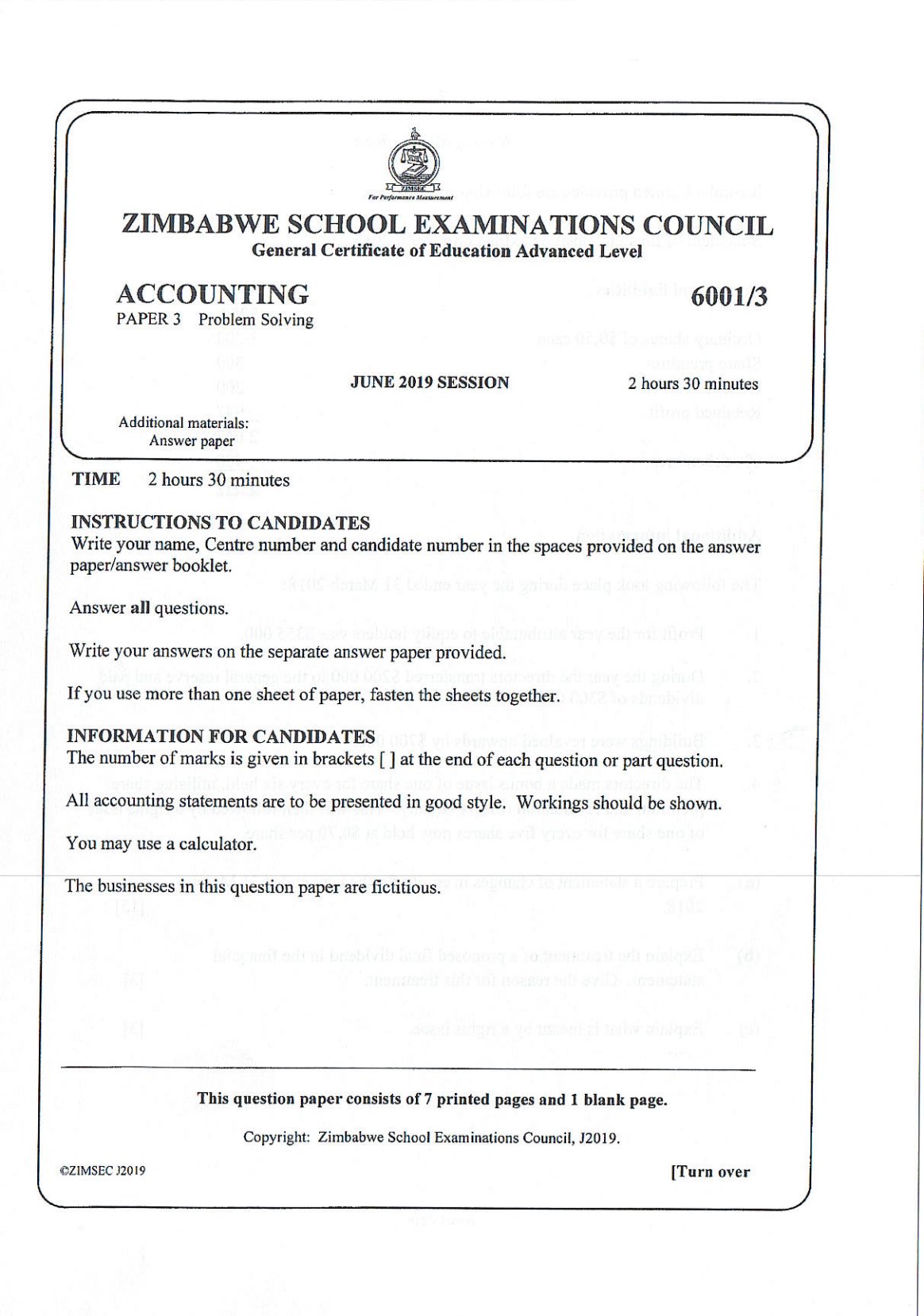 First page of ZIMSEC A-Level Accounting Paper 3 June 2019 Question Paper