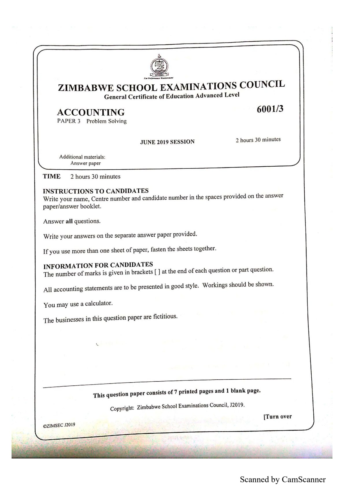First page of ZIMSEC A-Level Accounting Paper 3 June 2019 Question Paper