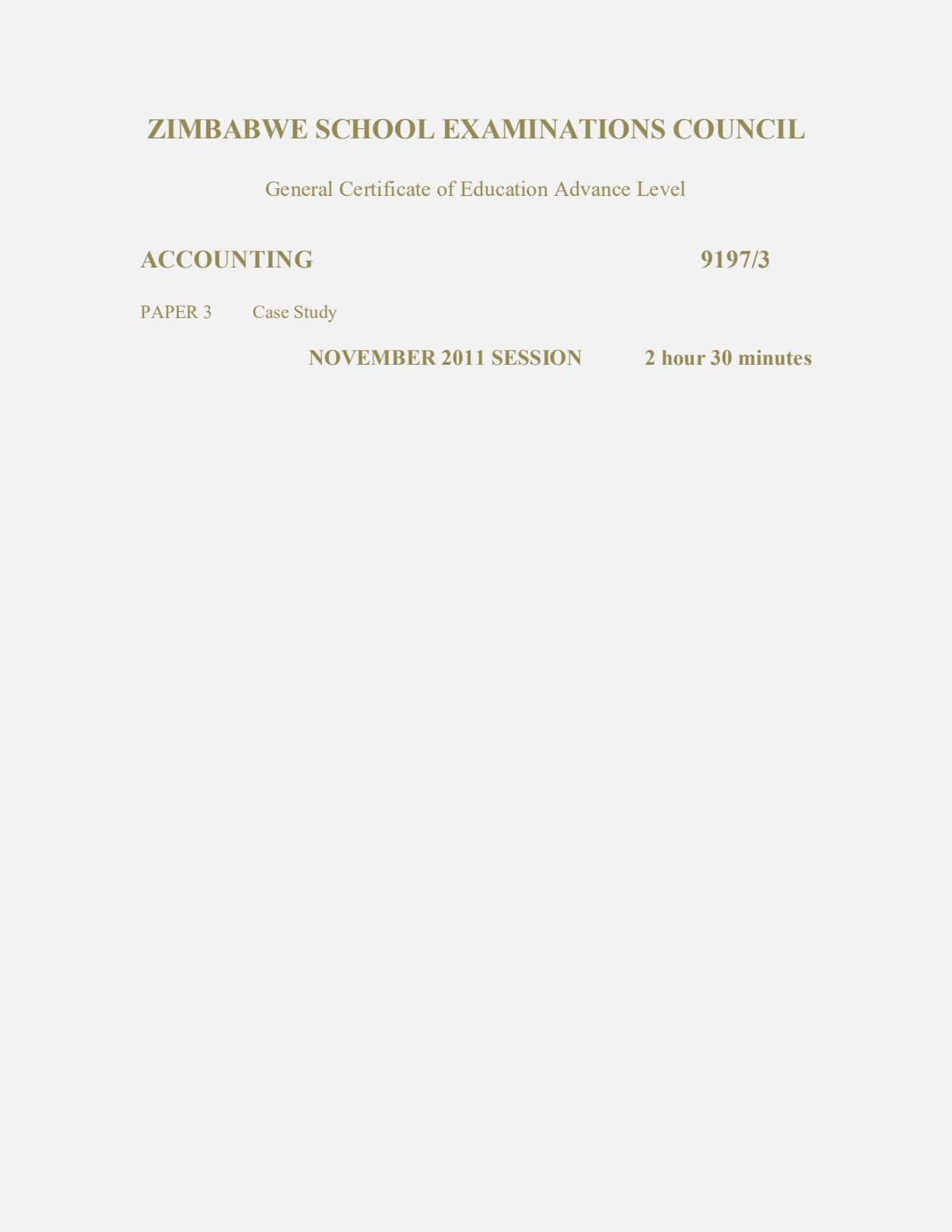 First page of ZIMSEC A-Level Accounting Paper 3 November 2011 Question Paper