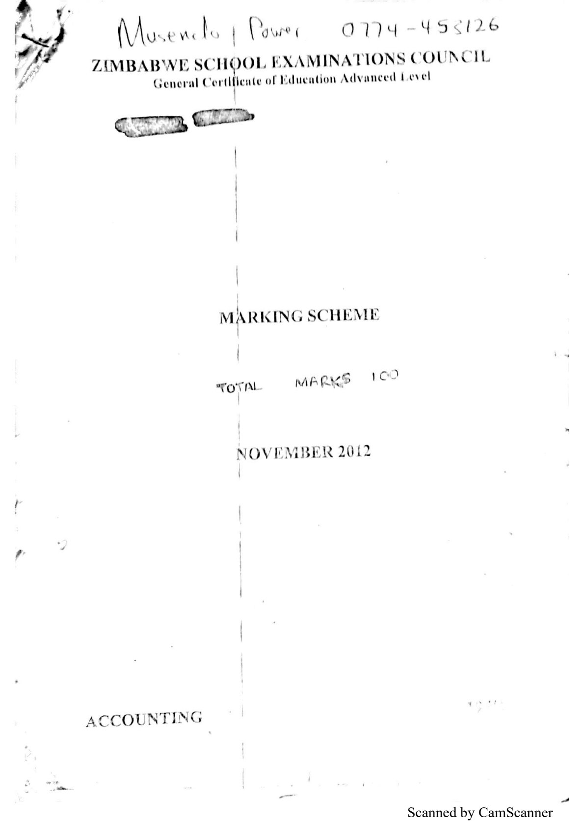 First page of ZIMSEC A-Level Accounting Paper 3 November 2012 Marking Scheme
