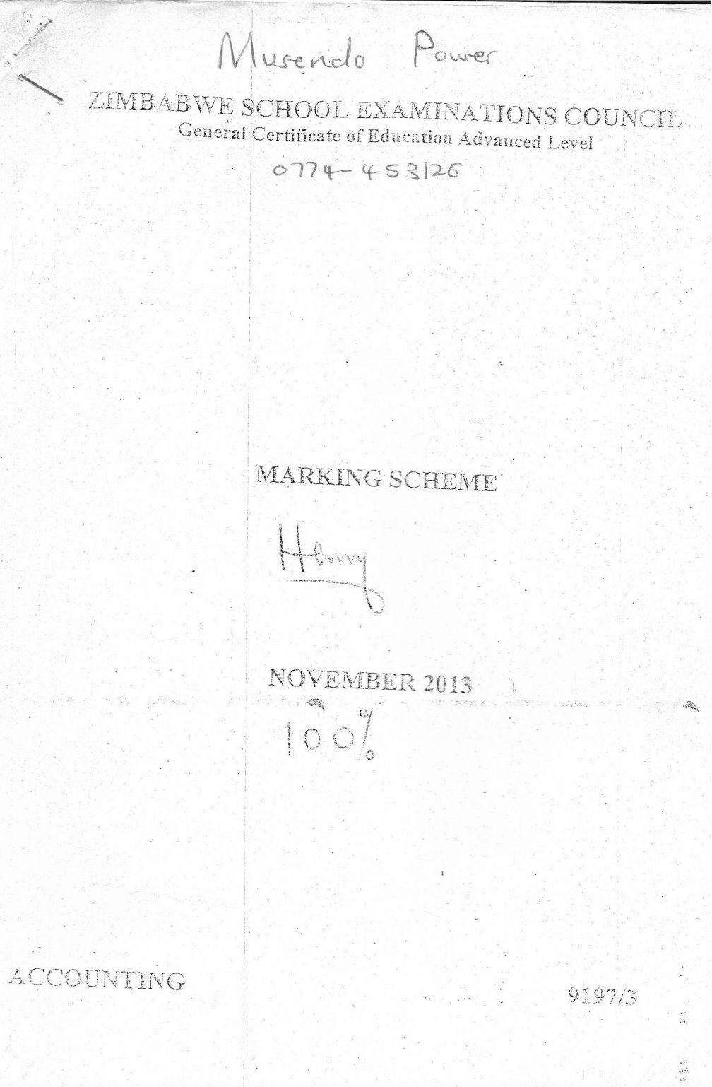 First page of ZIMSEC A-Level Accounting Paper 3 November 2013 Marking Scheme