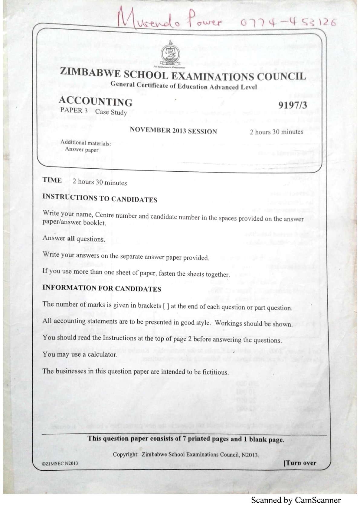 First page of ZIMSEC A-Level Accounting Paper 3 November 2013 Question Paper