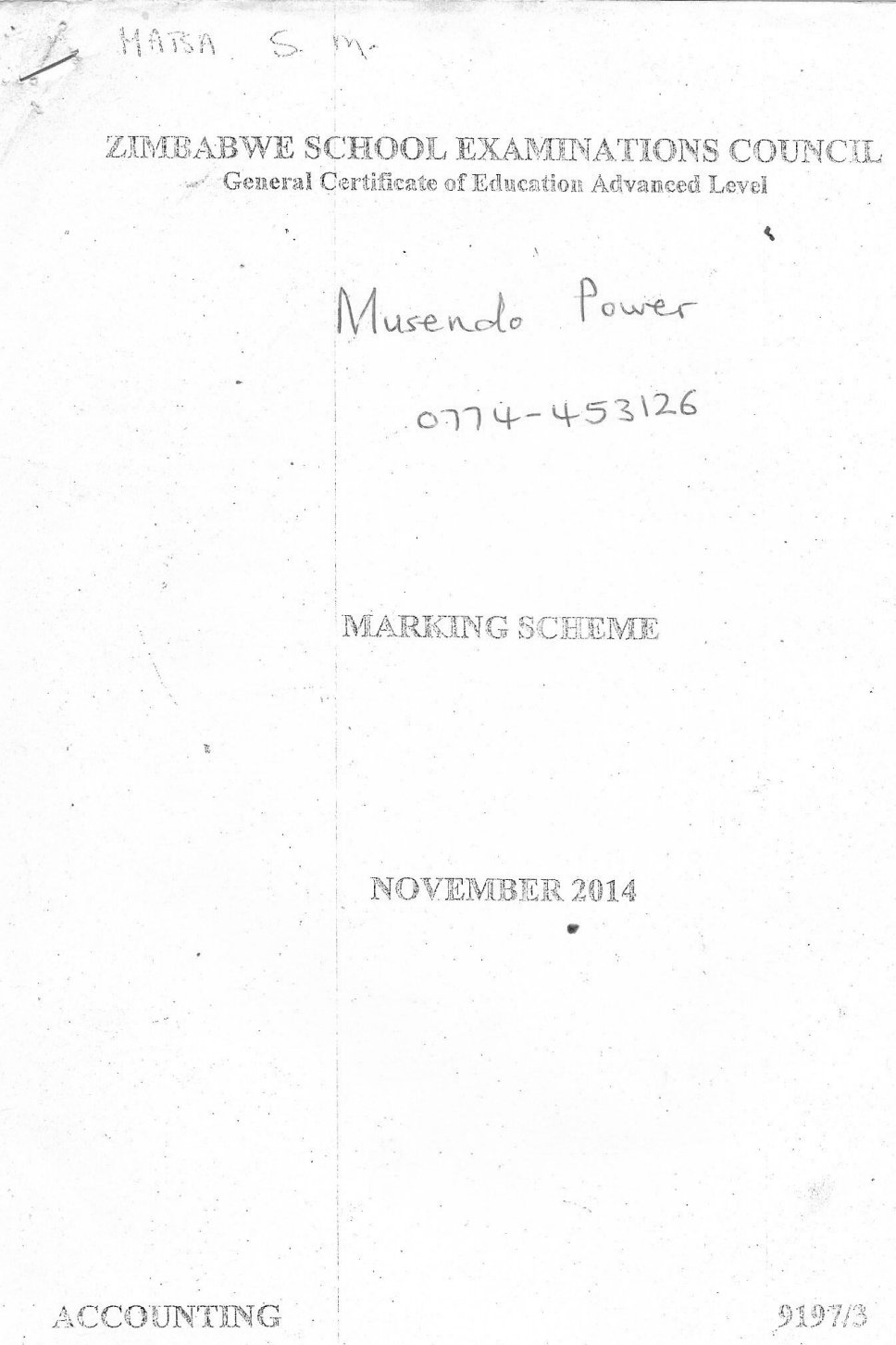 First page of ZIMSEC A-Level Accounting Paper 3 November 2014 Marking Scheme