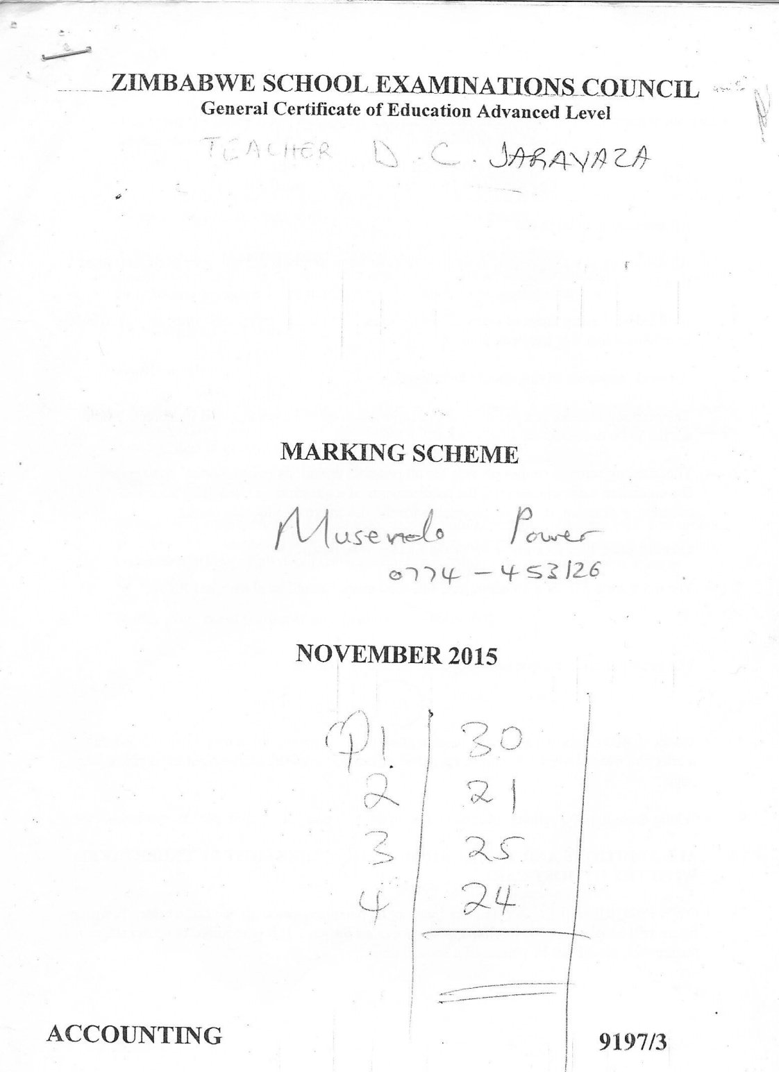 First page of ZIMSEC A-Level Accounting Paper 3 November 2015 Marking Scheme