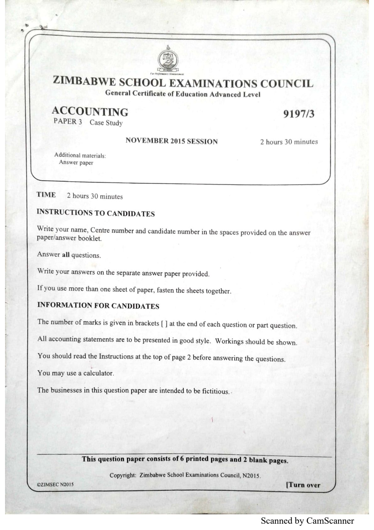 First page of ZIMSEC A-Level Accounting Paper 3 November 2015 Question Paper