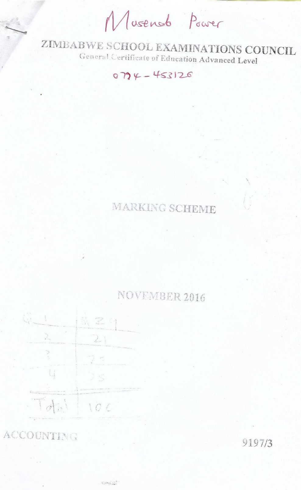 First page of ZIMSEC A-Level Accounting Paper 3 November 2016 Marking Scheme