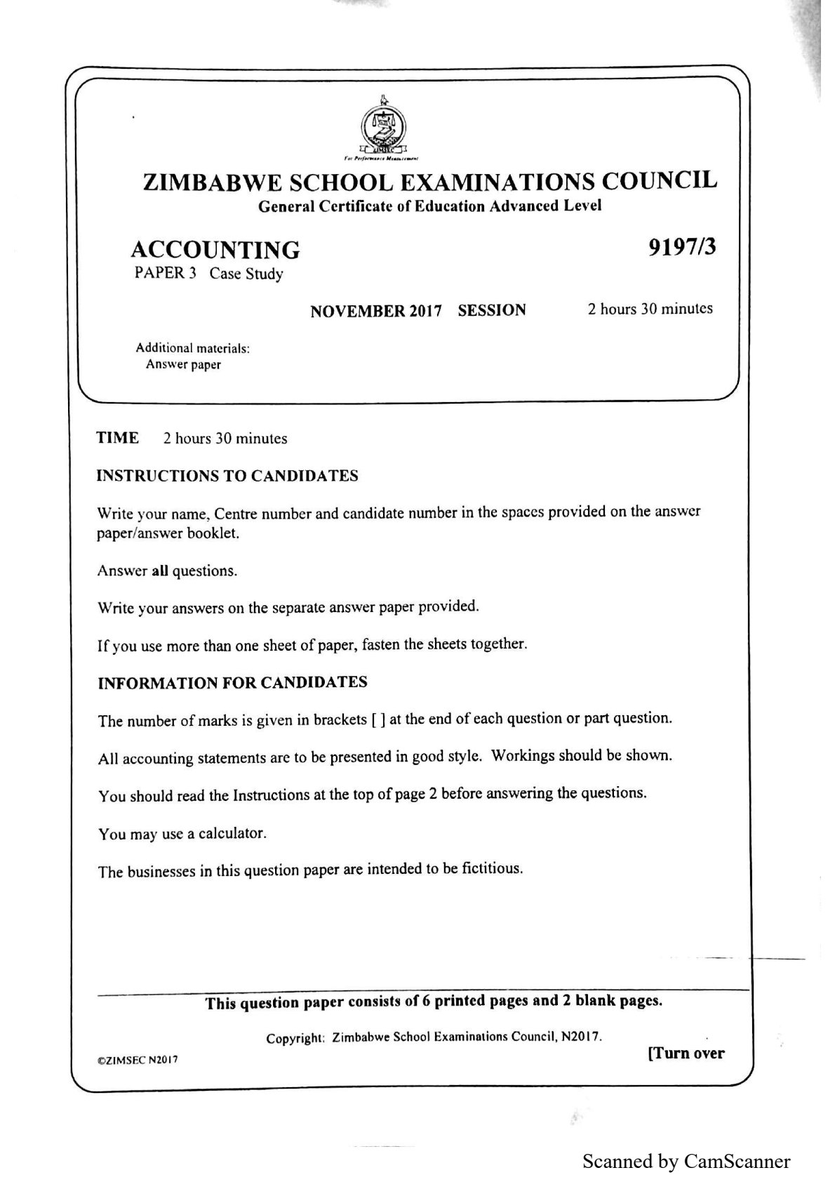 First page of ZIMSEC A-Level Accounting Paper 3 November 2017 Question Paper