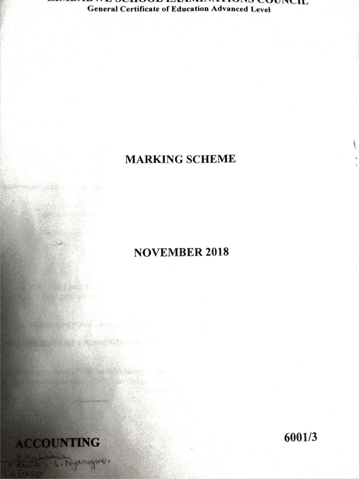 First page of ZIMSEC A-Level Accounting Paper 3 November 2018 Marking Scheme