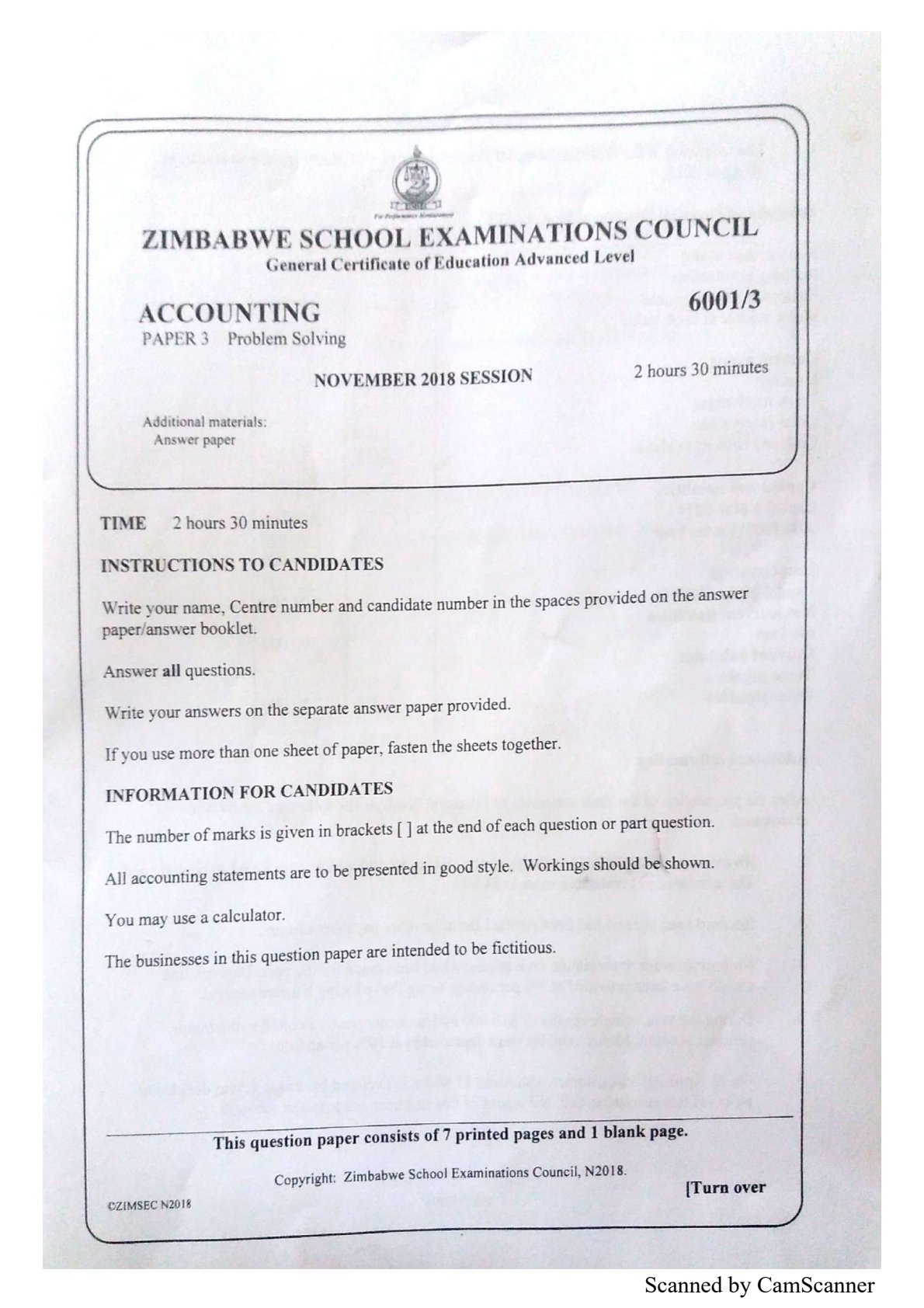 First page of ZIMSEC A-Level Accounting Paper 3 November 2018 Question Paper