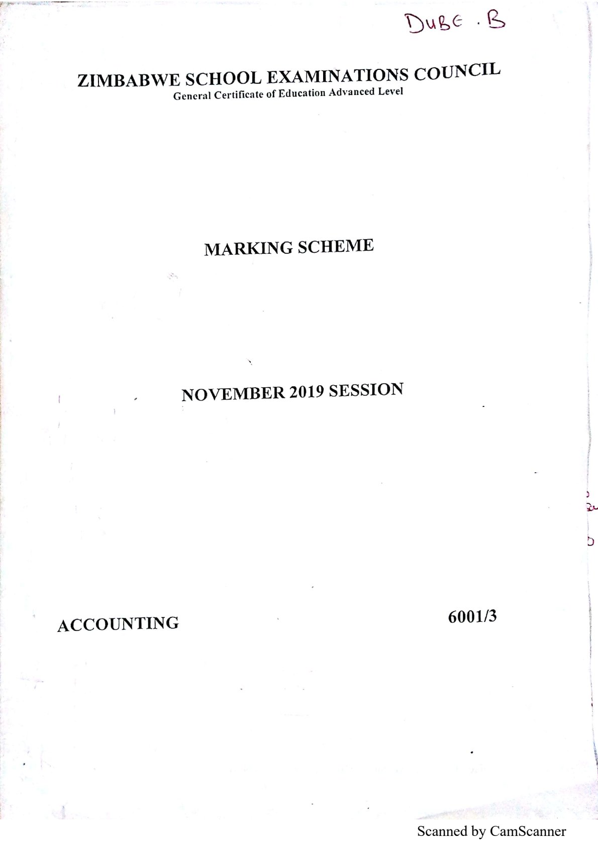 First page of ZIMSEC A-Level Accounting Paper 3 November 2019 Marking Scheme