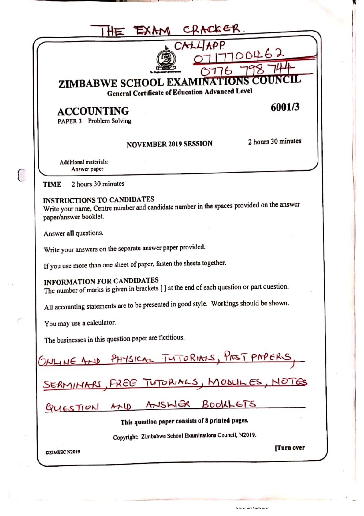 First page of ZIMSEC A-Level Accounting Paper 3 November 2019 Question Paper