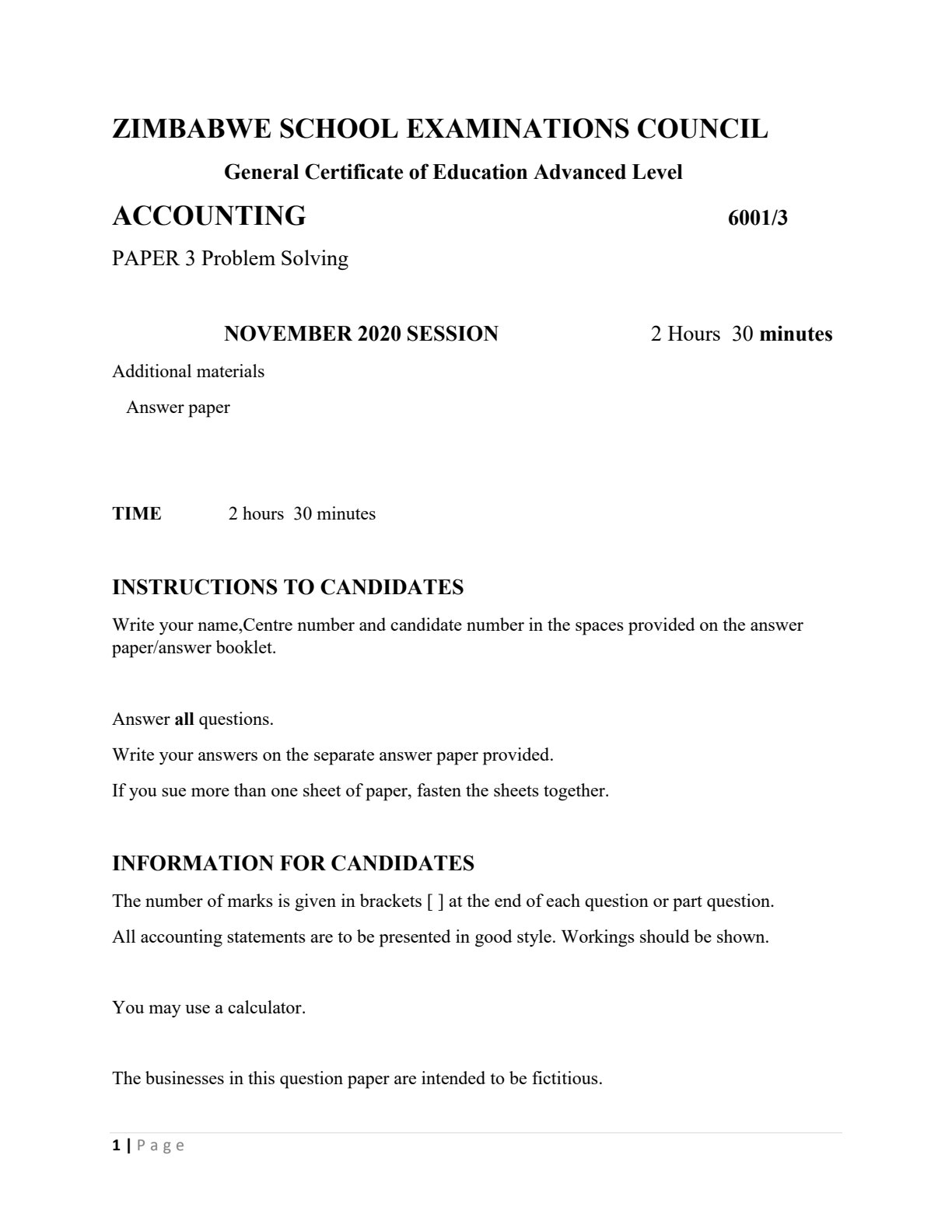 First page of ZIMSEC A-Level Accounting Paper 3 November 2020 Question Paper