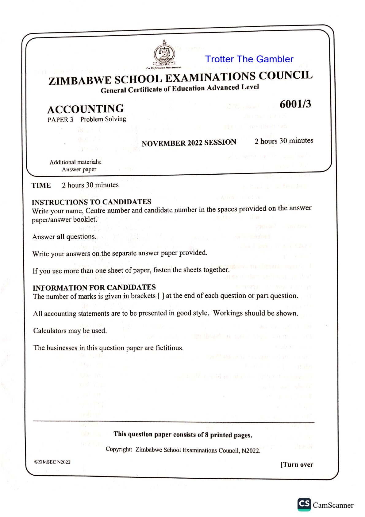 First page of ZIMSEC A-Level Accounting Paper 3 November 2022 Question Paper