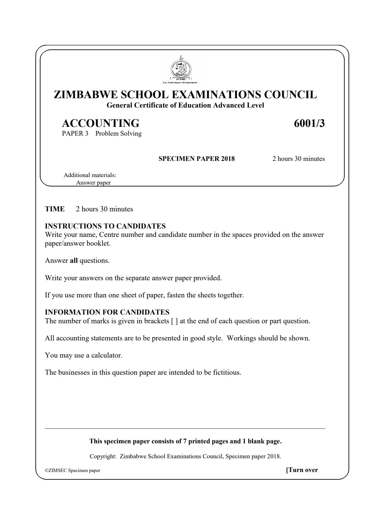 First page of ZIMSEC A-Level Accounting Paper 3 Specimen 2018 Question Paper