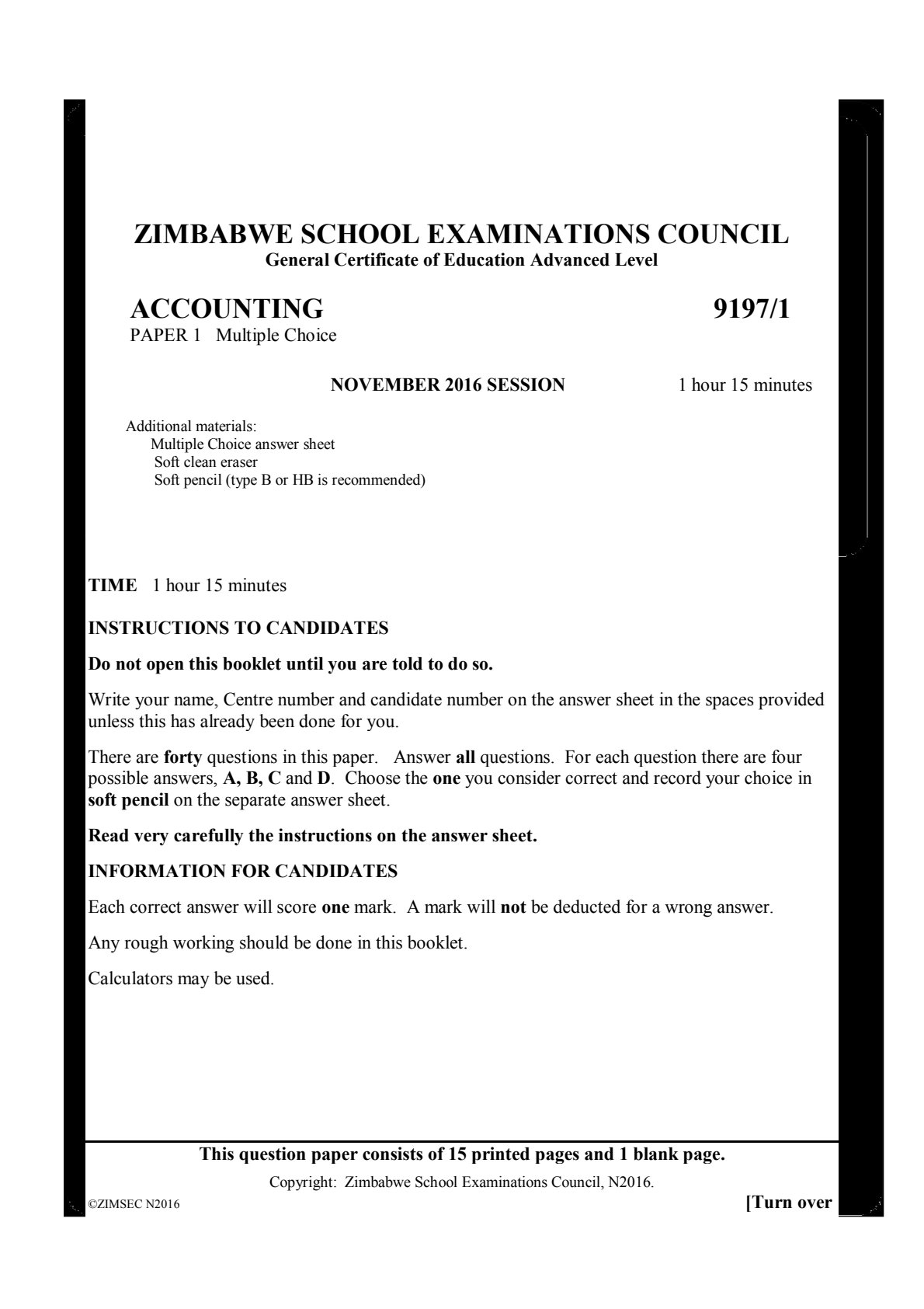 First page of ZIMSEC A-Level Accounting Redspot 2016-2017 Study Guide