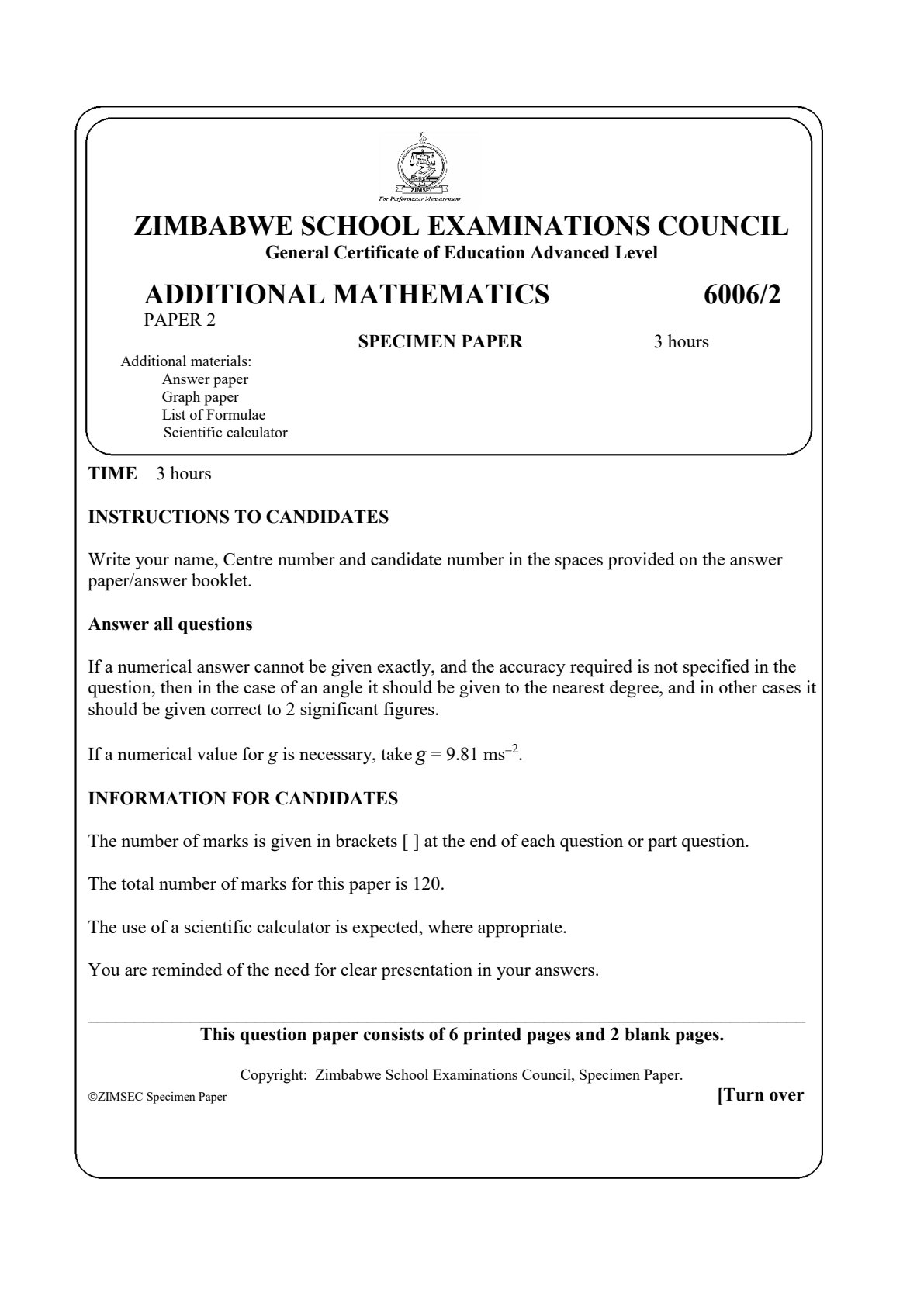 First page of ZIMSEC A-Level Additional Mathematics Paper 2 Question Paper