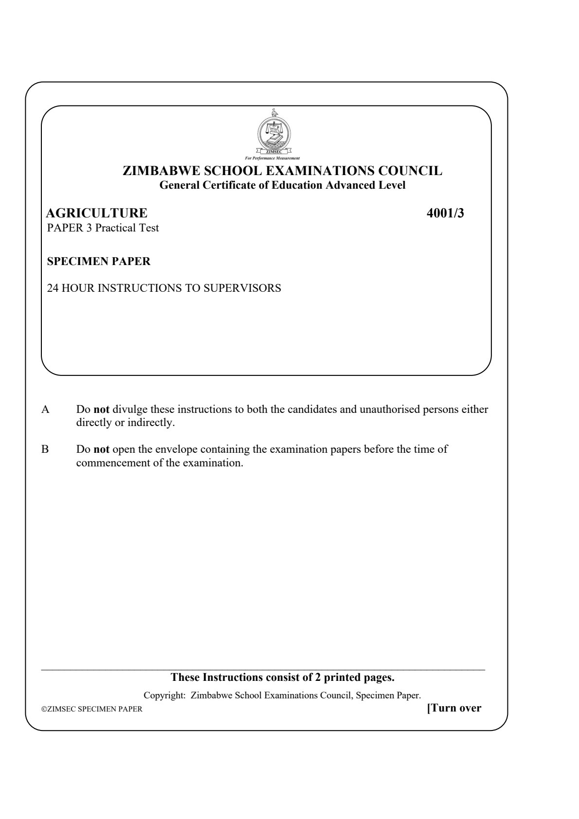 First page of ZIMSEC A-Level Agriculture Paper 3 Practical Test Question Paper