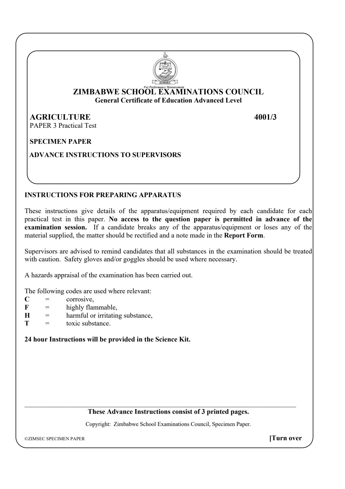 First page of ZIMSEC A-Level Agriculture Paper 3 Question Paper
