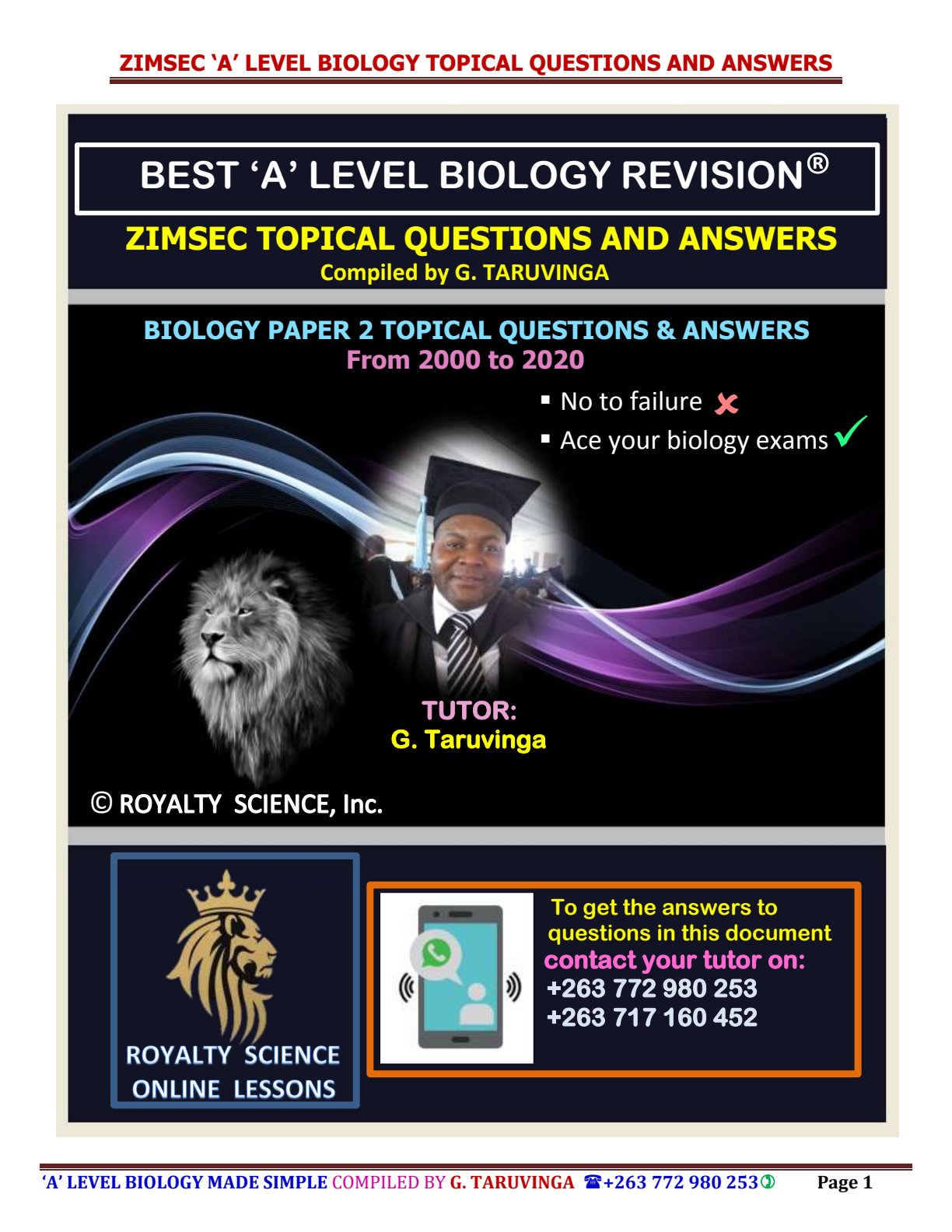 First page of ZIMSEC A-Level Biology 2000-2020 Study Guide