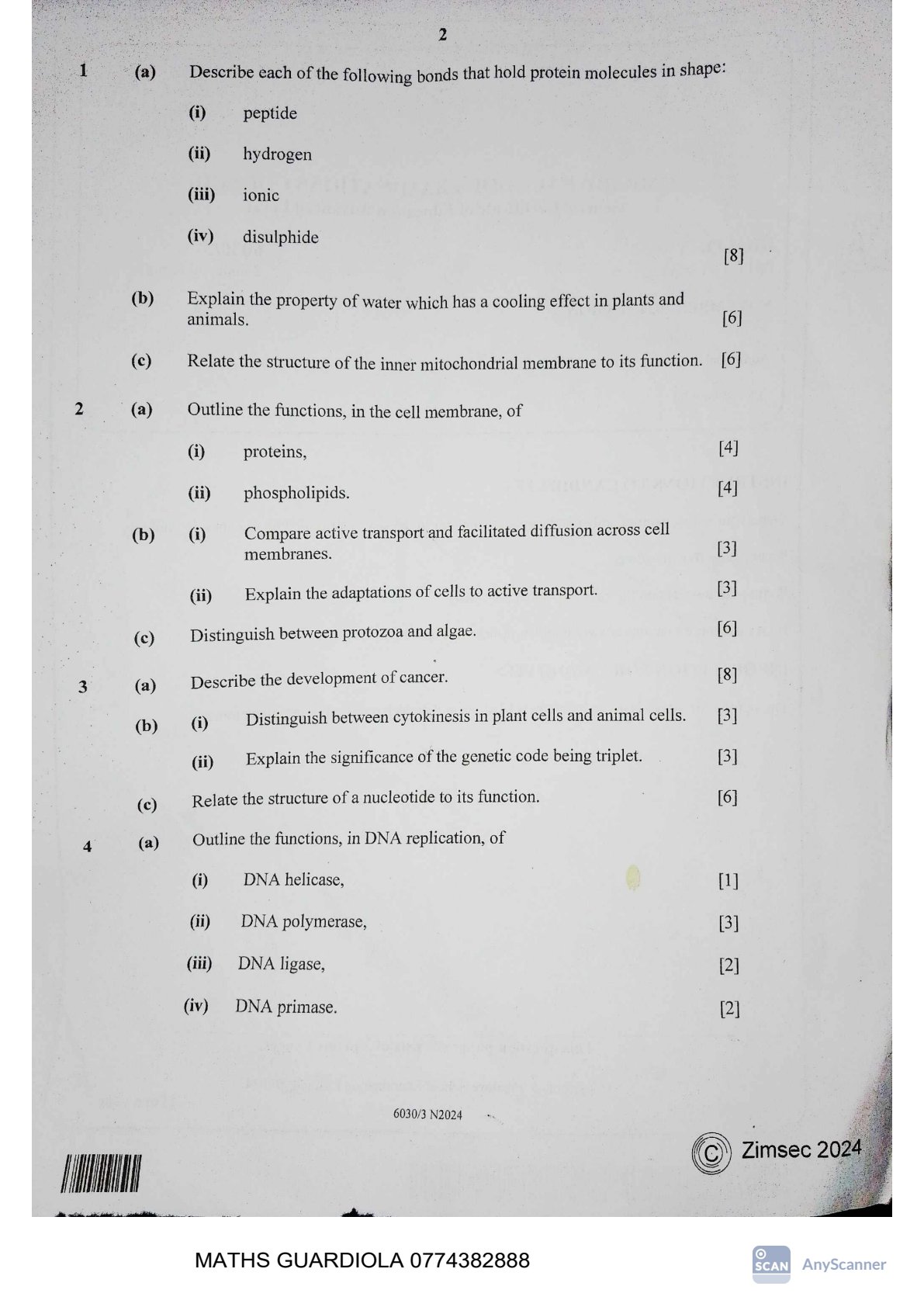 First page of ZIMSEC A-Level Biology 2024 Study Guide