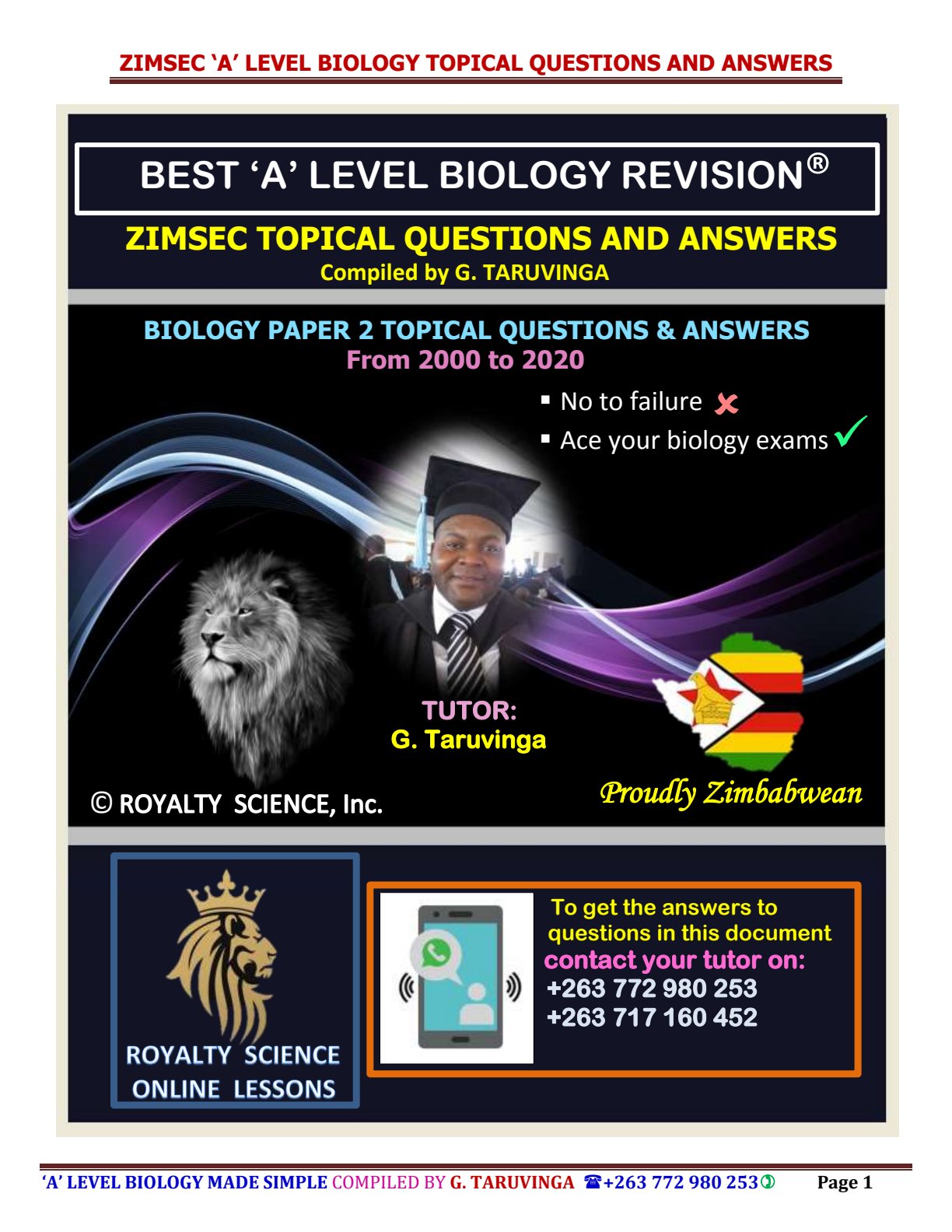First page of ZIMSEC A-Level Biology Blue Book 2000-2020 Study Guide