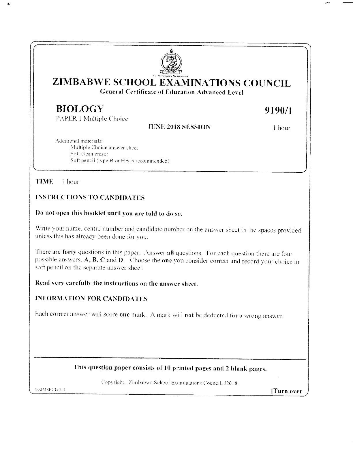 First page of ZIMSEC A-Level Biology Paper 1 June 2018 Question Paper